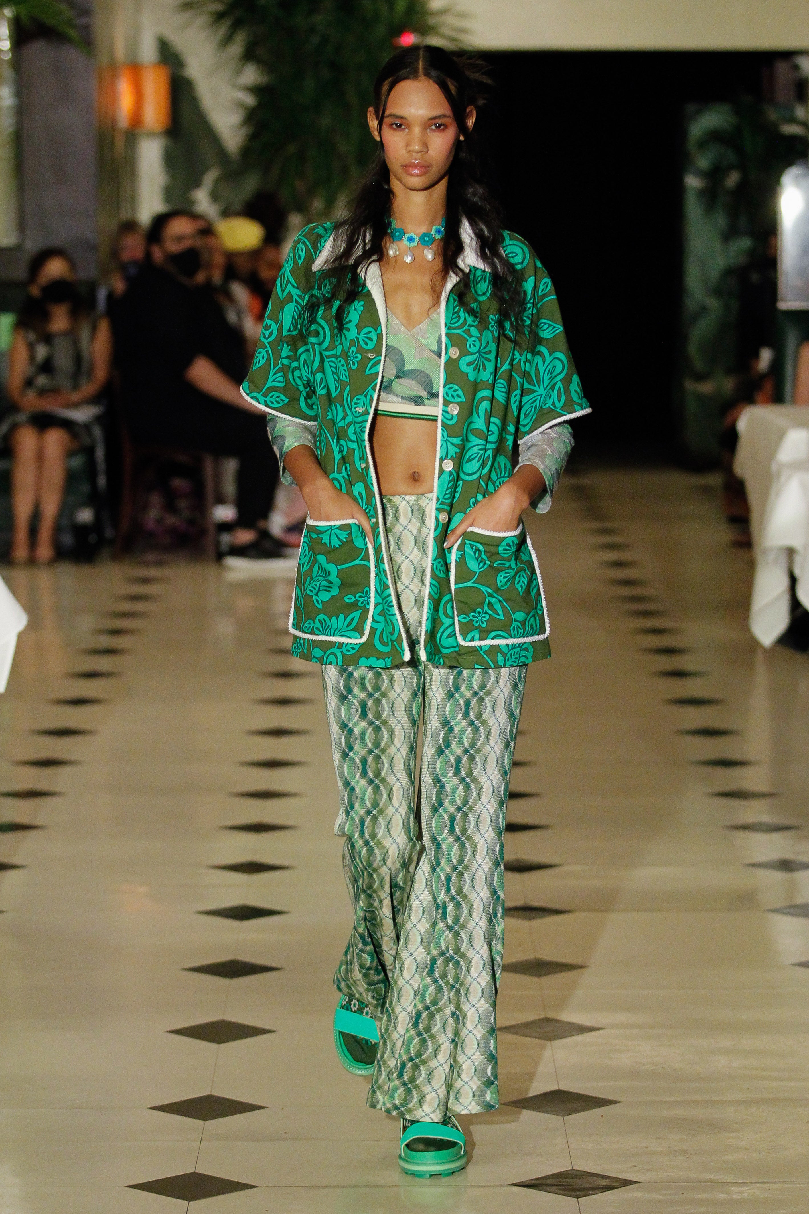 Wave Rider Knit Pant under the runway lights, can be worn with any green other Anna Sui attire