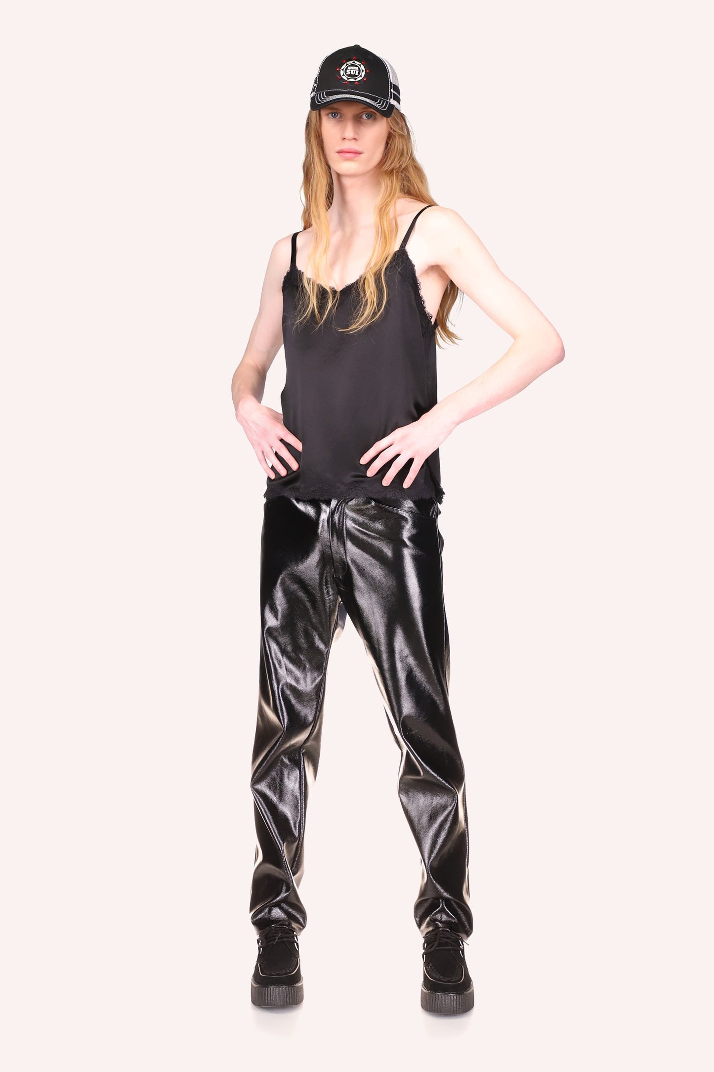 Washed Satin Cami Black can be wear  with Genderless Black Patent Pants