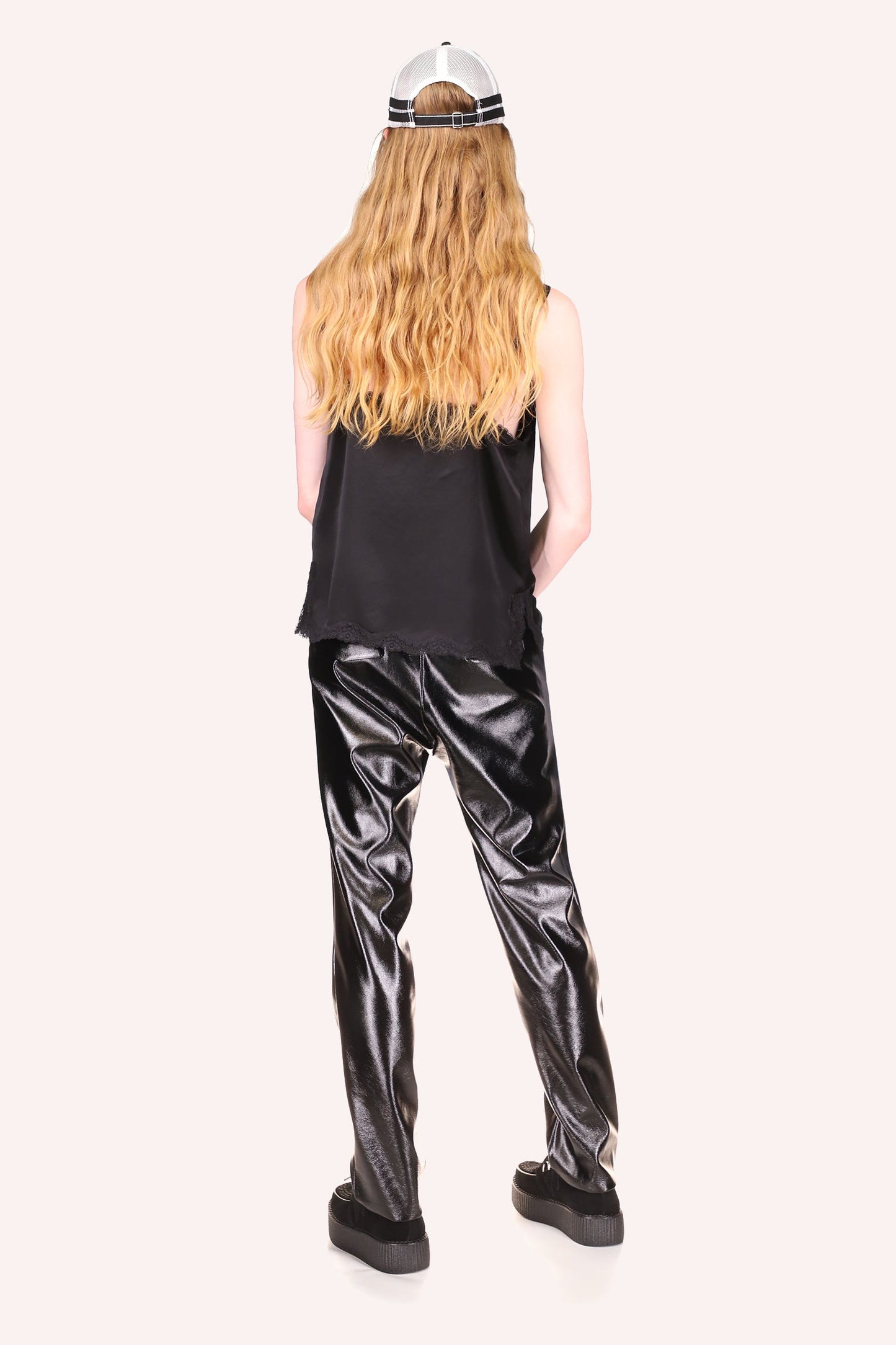 Washed Satin Cami in Black deep cut in the back, can be worn with Genderless Black Patent Pants