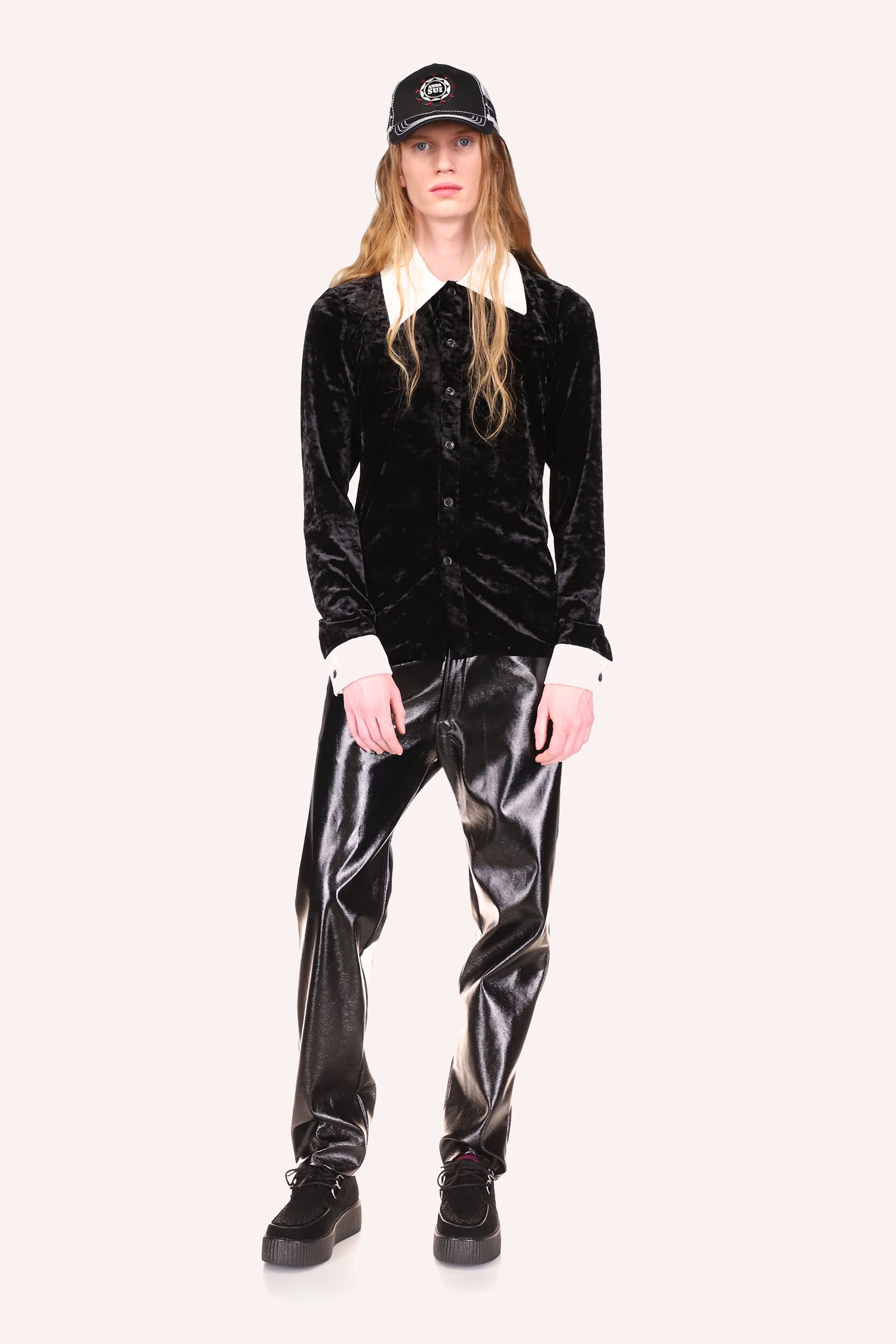 Stretch shiny Velvet, with 6-buttons Black, hips long, large white collar, and white handhold