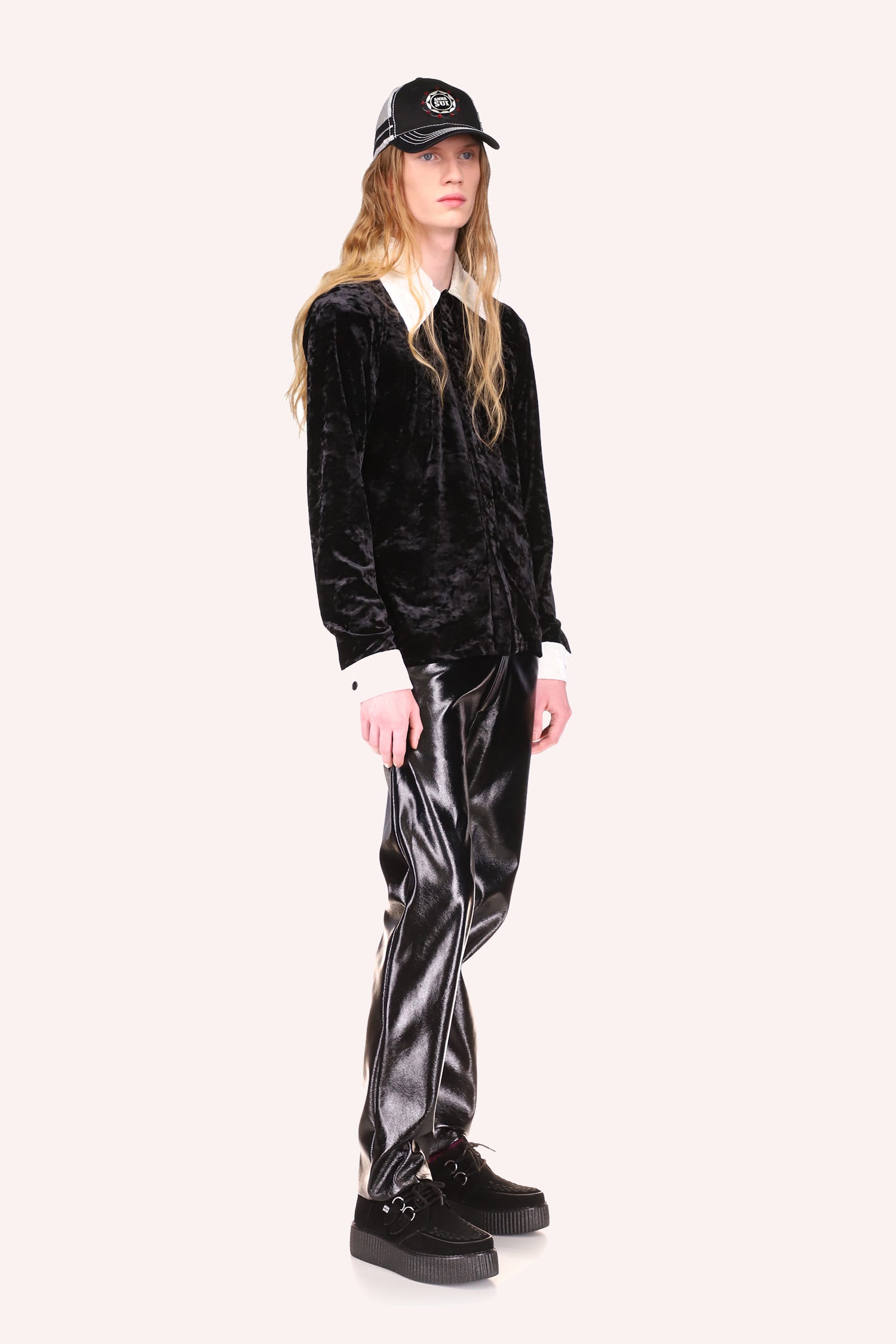 Stretch shiny Velvet, with 6-buttons Black, hips long, large white collar, and white handhold