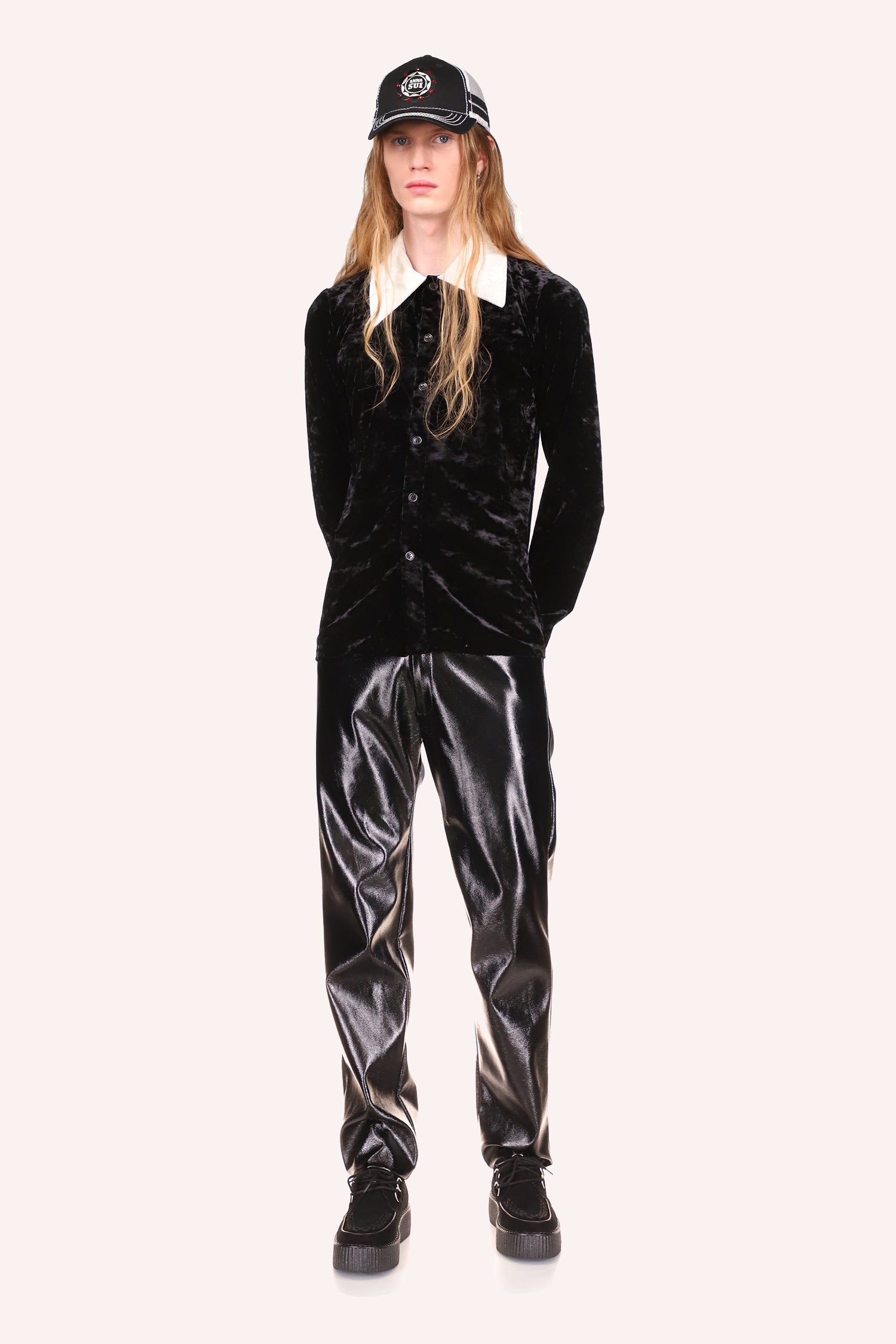 Stretch Velvet 6-Buttons Top Black perfect match with Genderless Black Patent Pants