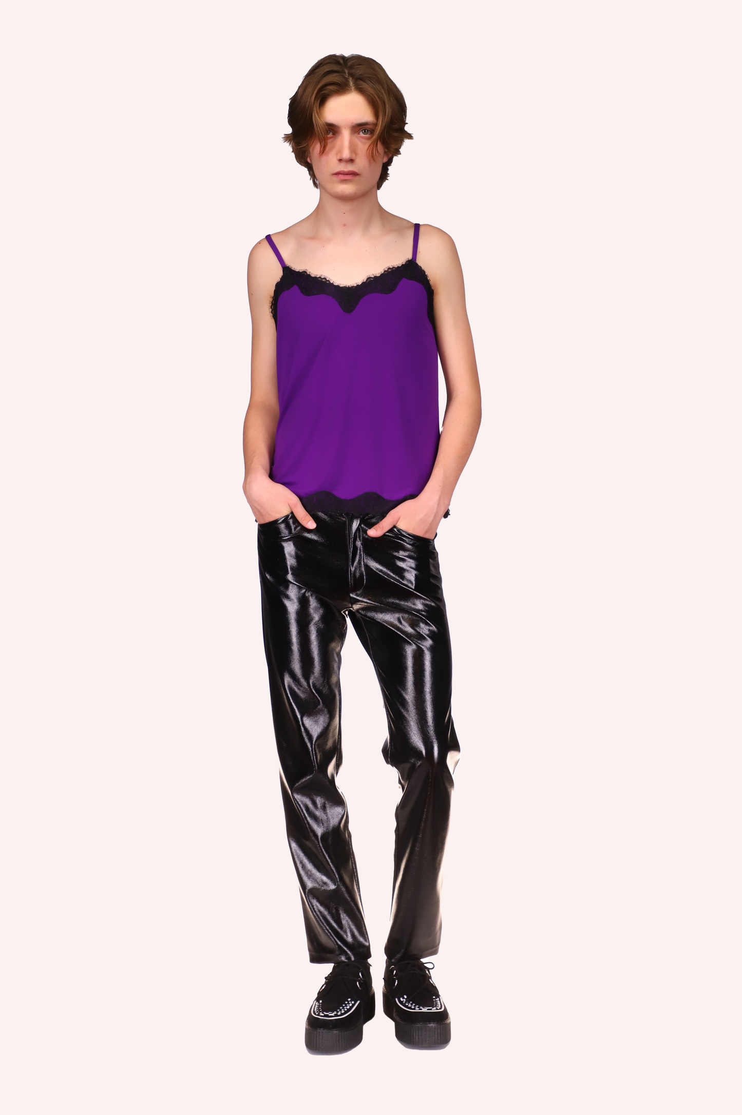 Black Patent Pants, just above ankles, 2 front pocket, front zipper, in a shiny black texture