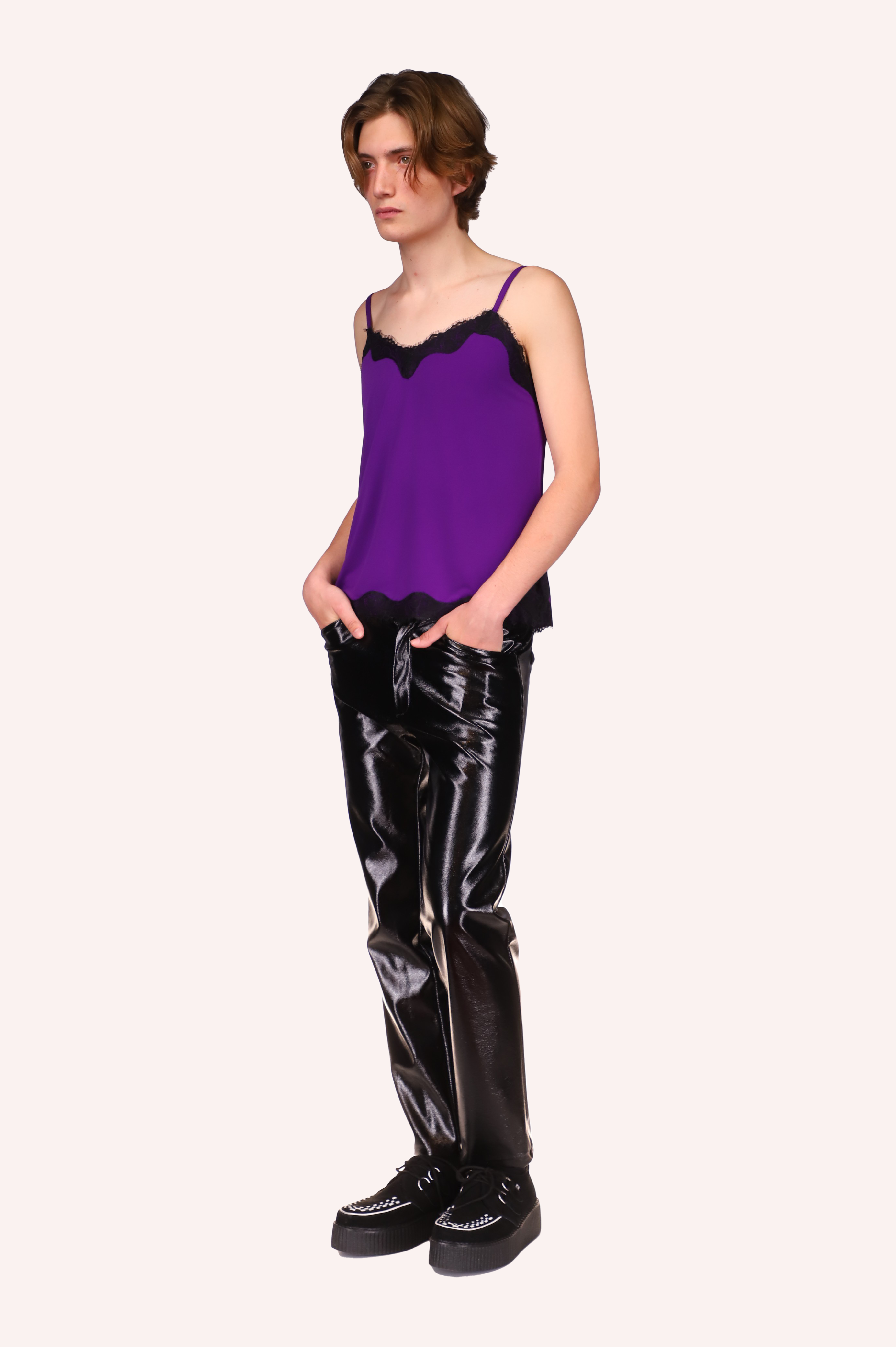 Genderless Pants, above ankles to show you socks, 2 front pocket, front zipper, in a shiny black texture, 