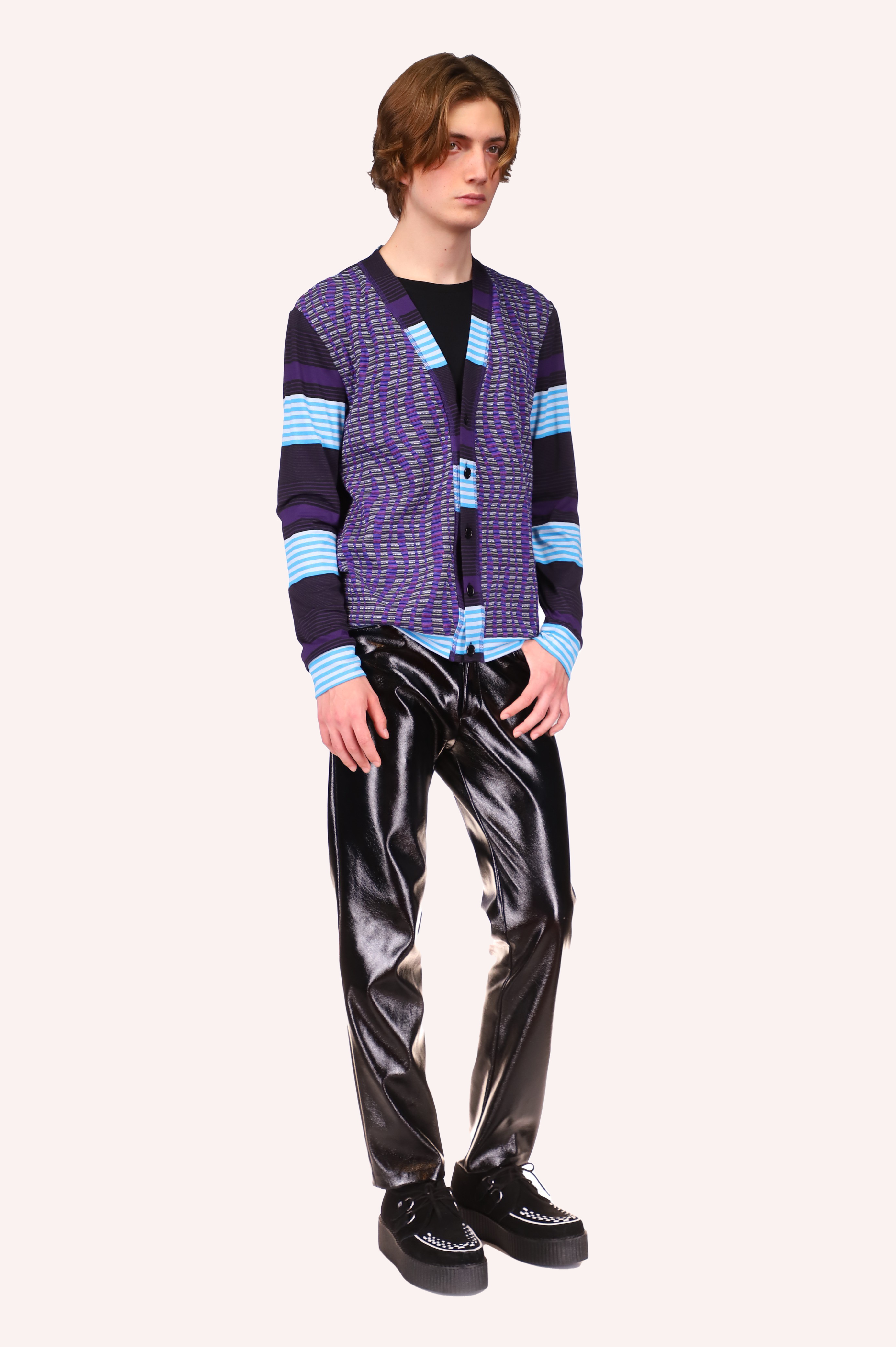 Genderless Mod Stripe and Nuwave Combo Cardigan<br> Orchid - Anna Sui