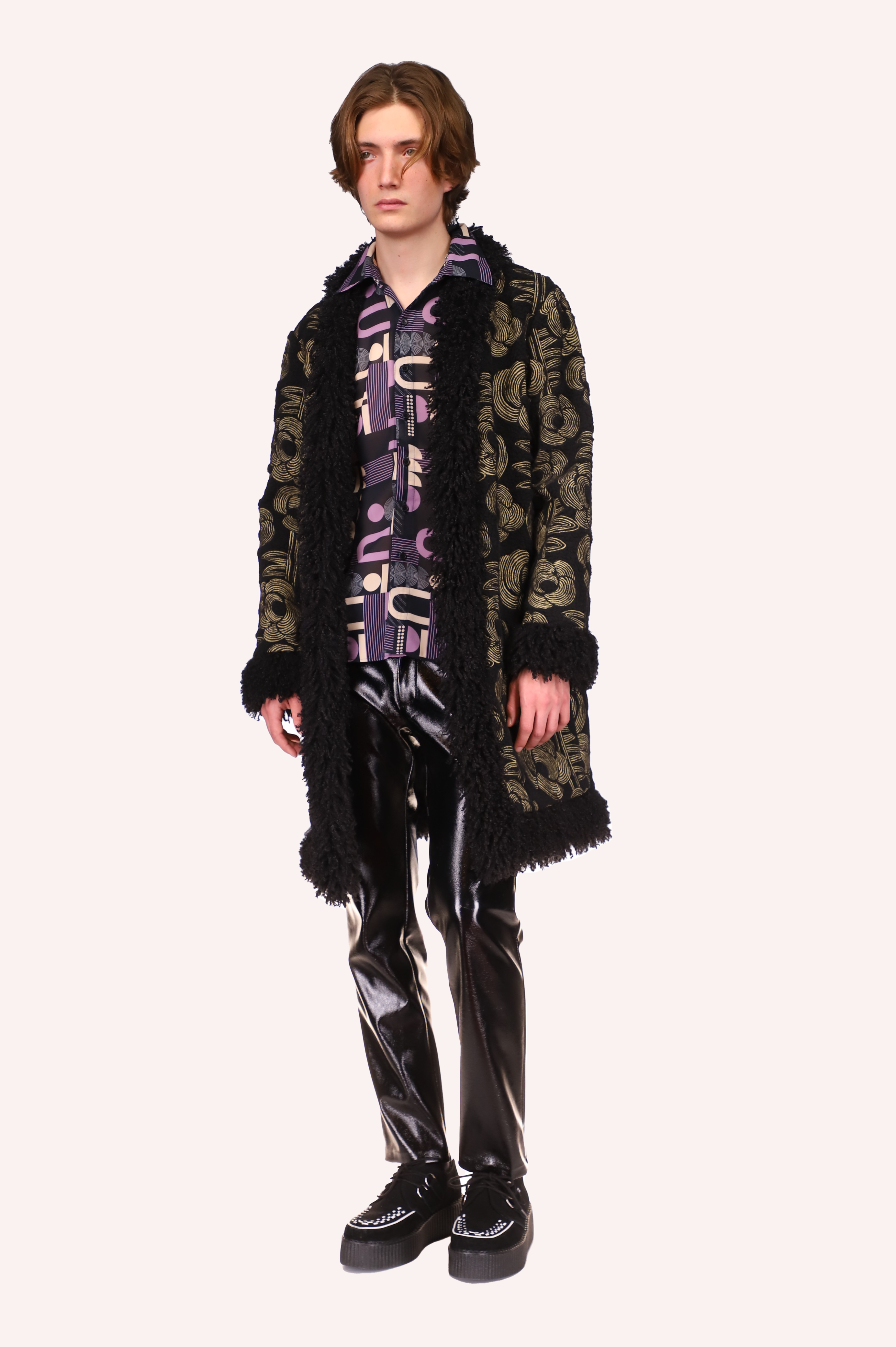 Genderless Ribbed Roses Faux Fur Hippie Coat<br> Black Multi - Anna Sui