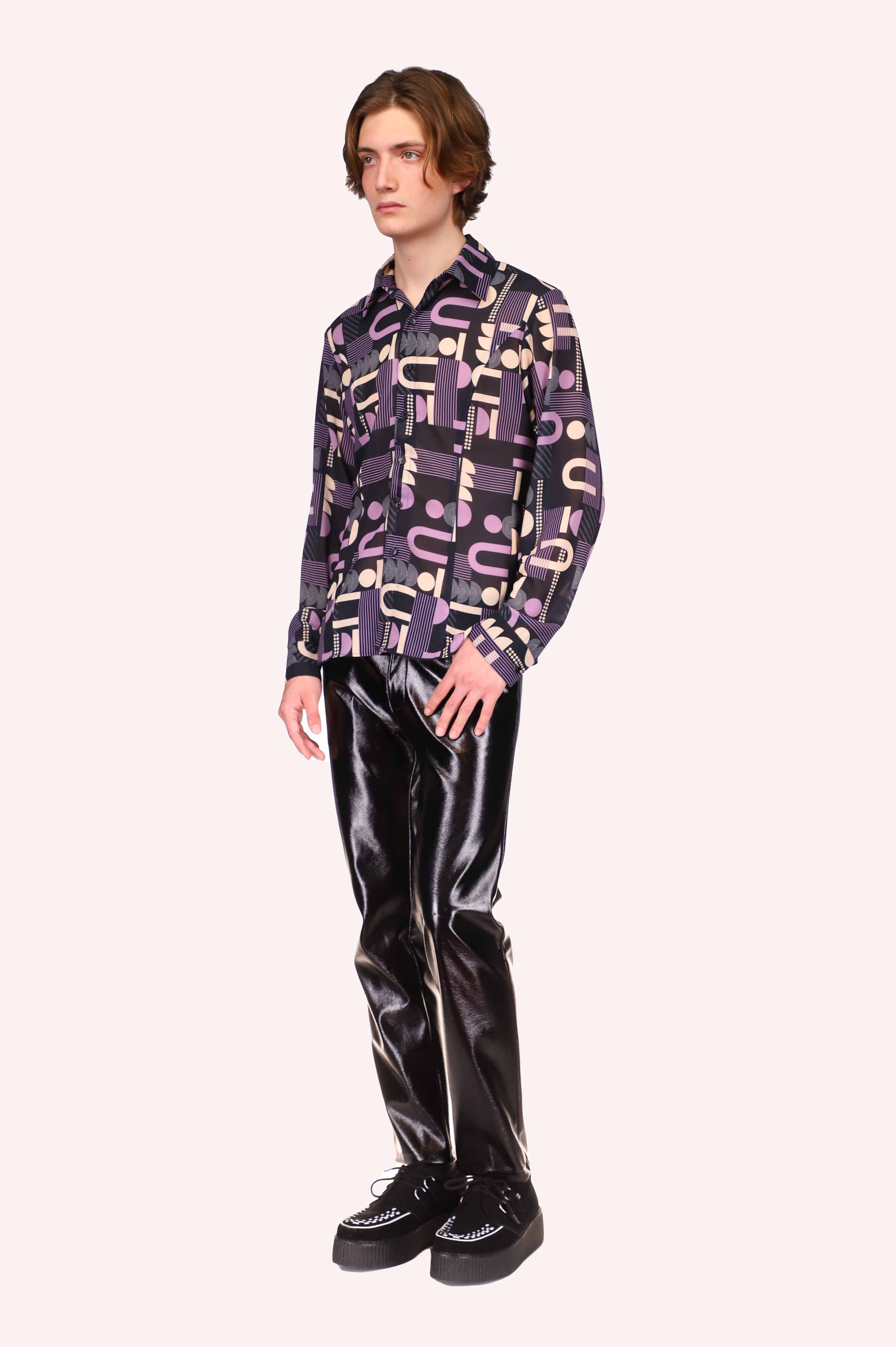 Dancing Deco Button Down Top, long sleeves, disco design such ¼, ½ and full circle , in grey, white and purple, 