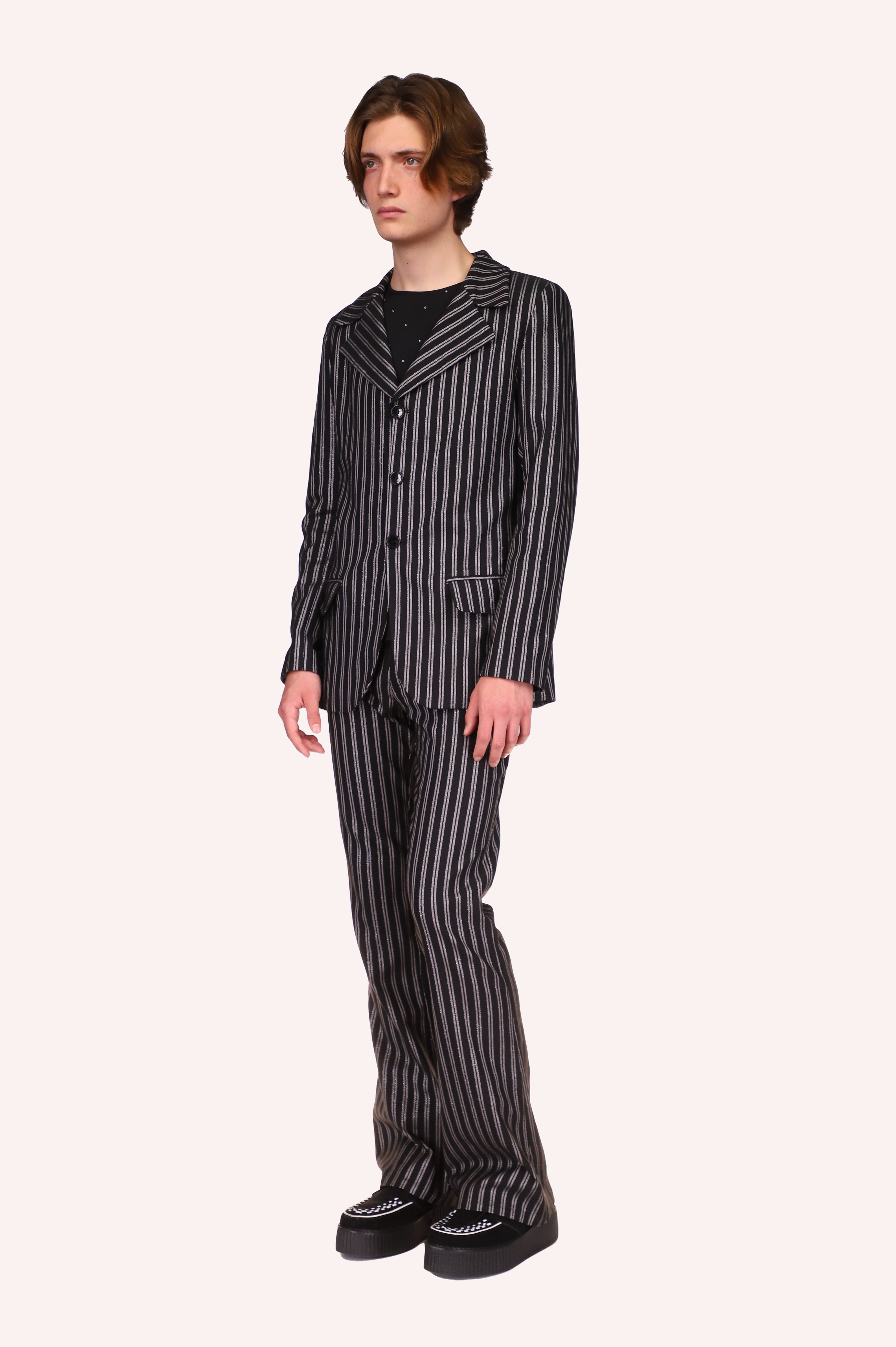 Pinstripe Jacket, long sleeves, large V-collar, 2 flapped pockets, long black and white stripes down, 3 buttons