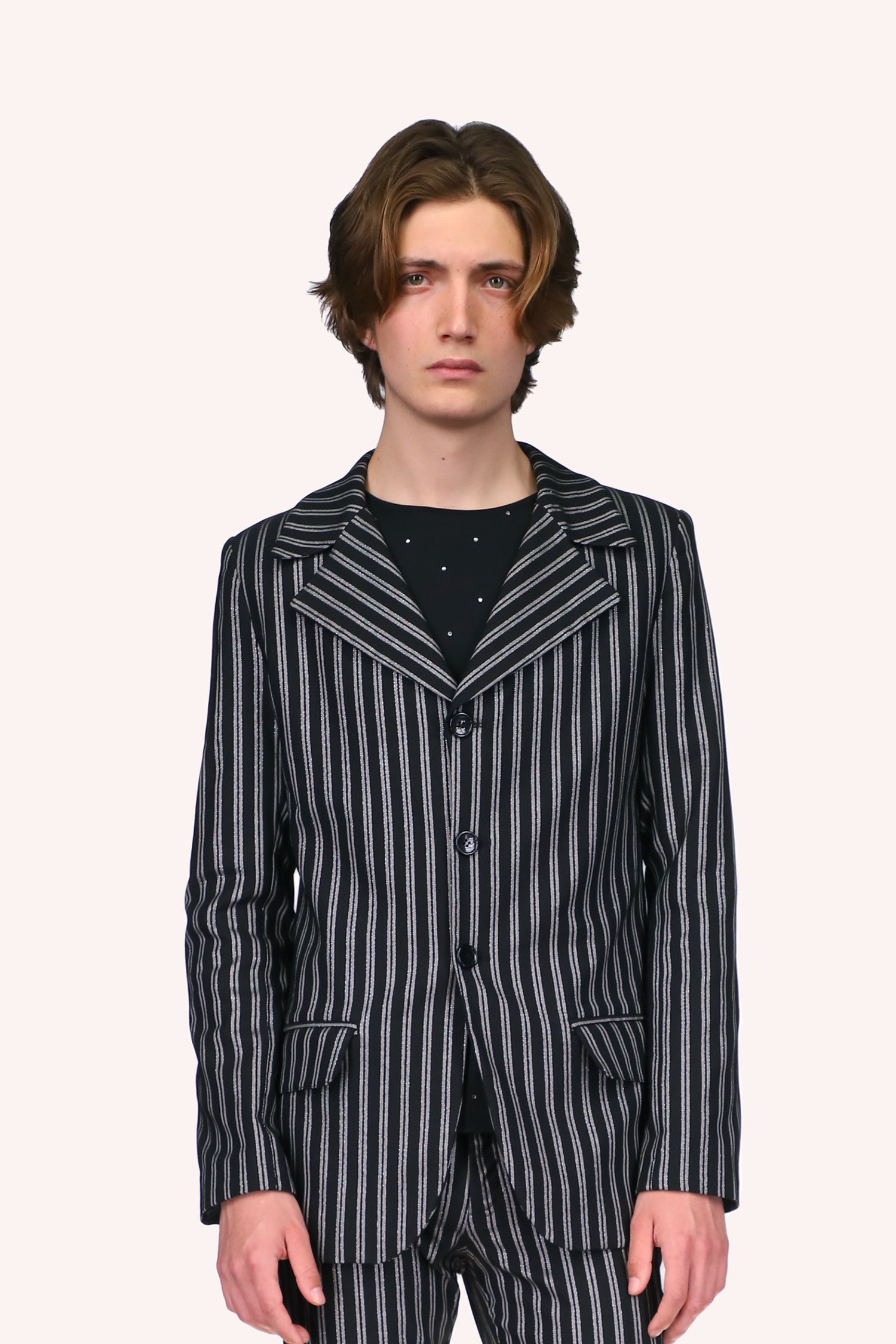 Pinstripe Jacket Black, long sleeves, large V-collar, 2 pockets, long black and white stripes down, 3 buttons