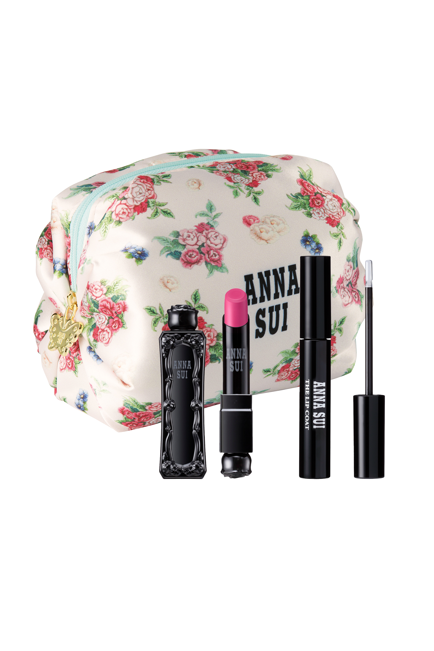 Cosmetic Bag set, beige & floral design, lipstick HOT PINK, & lip coat in black containers