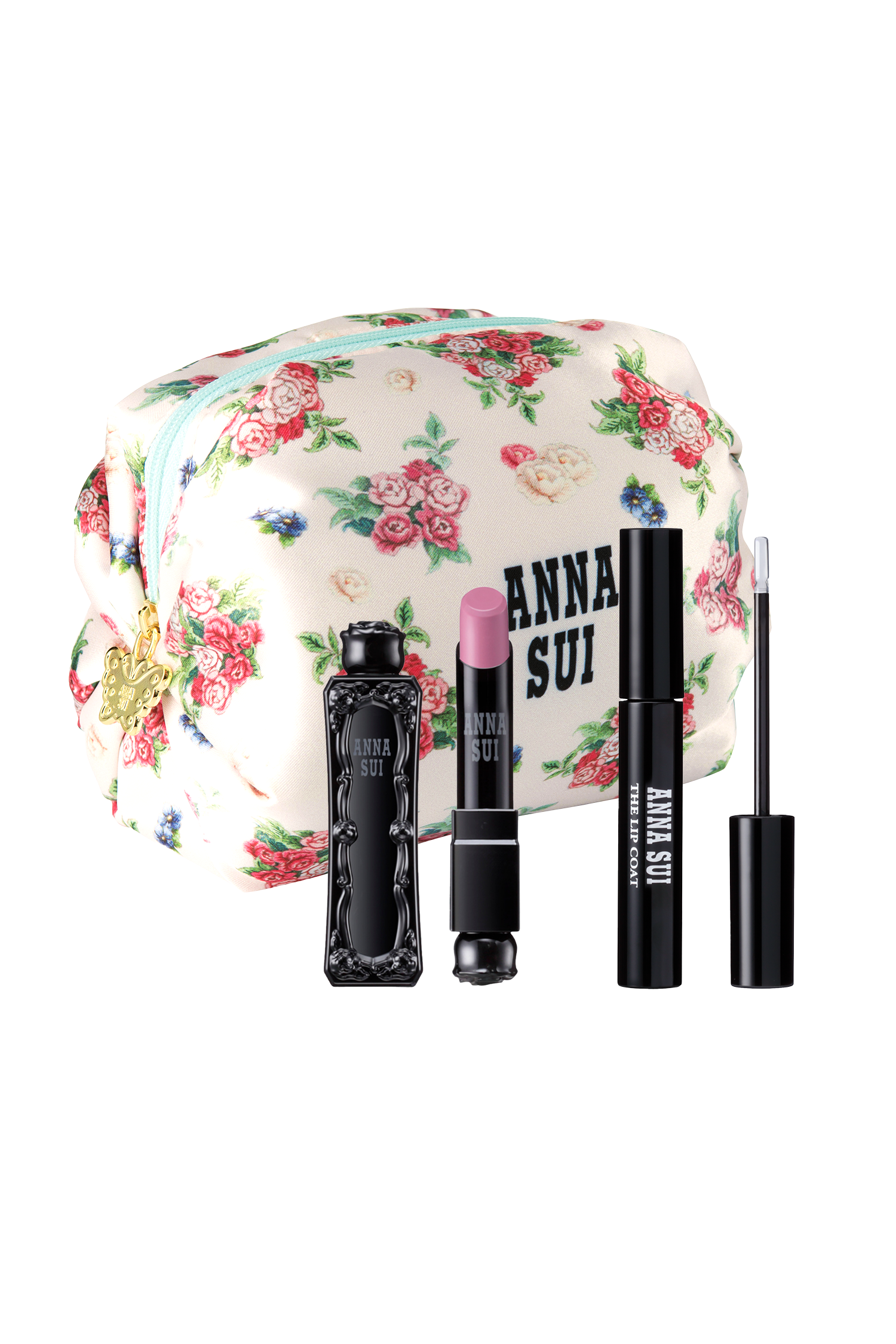 Cosmetic Bag set, beige & floral design, lipstick MAUVE, & lip coat in black containers