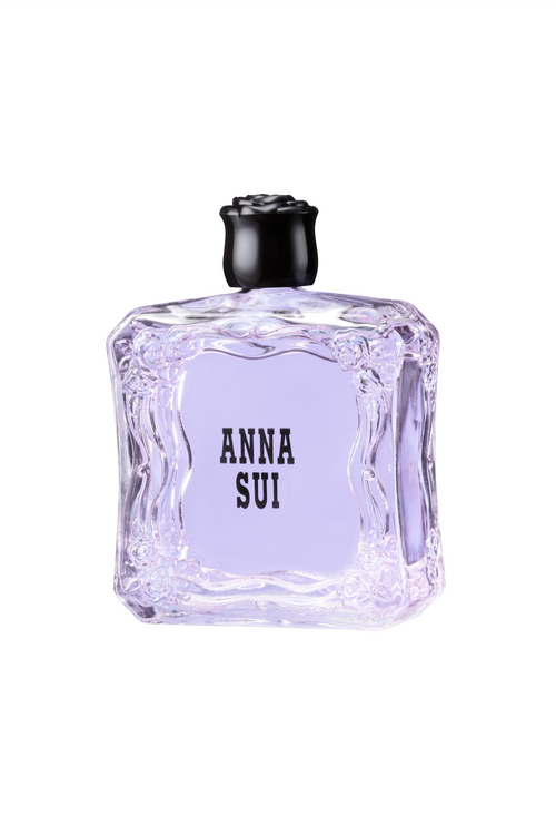 A nail polish remover in a transparent bottle with raised rose pattern and rose shaped cap, liquid violet