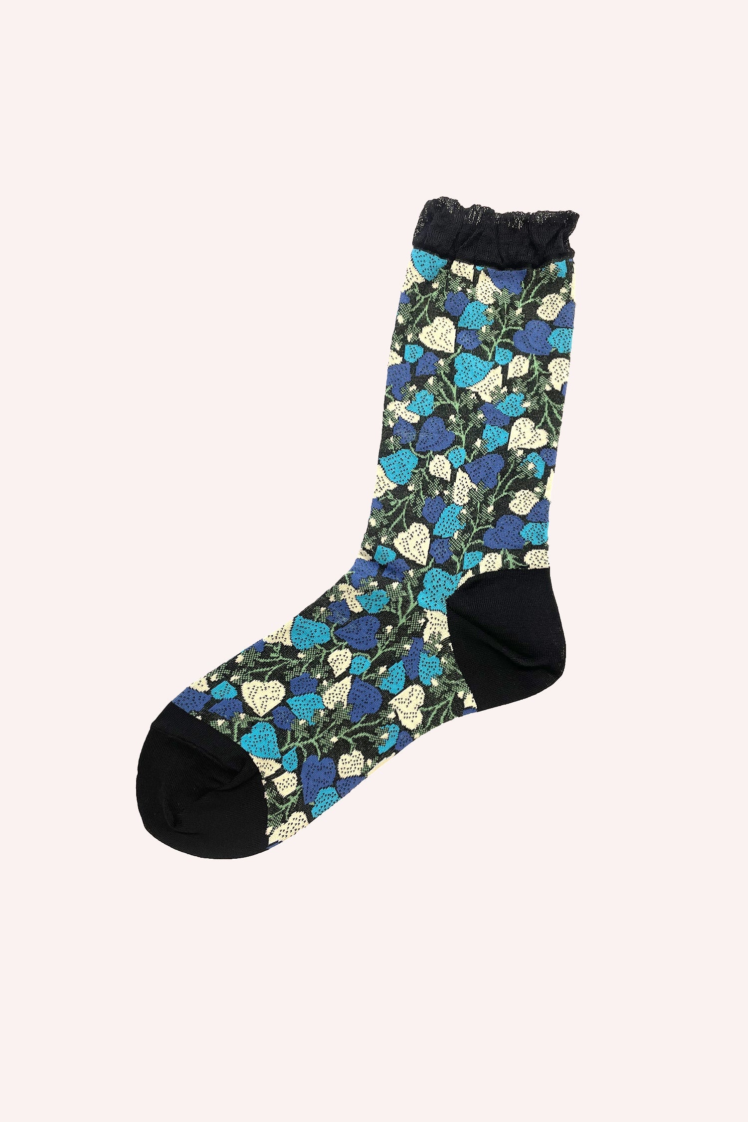 Blooming Hearts Socks Cornflower, toes, heel, in black, top with black lace, mid-calf long