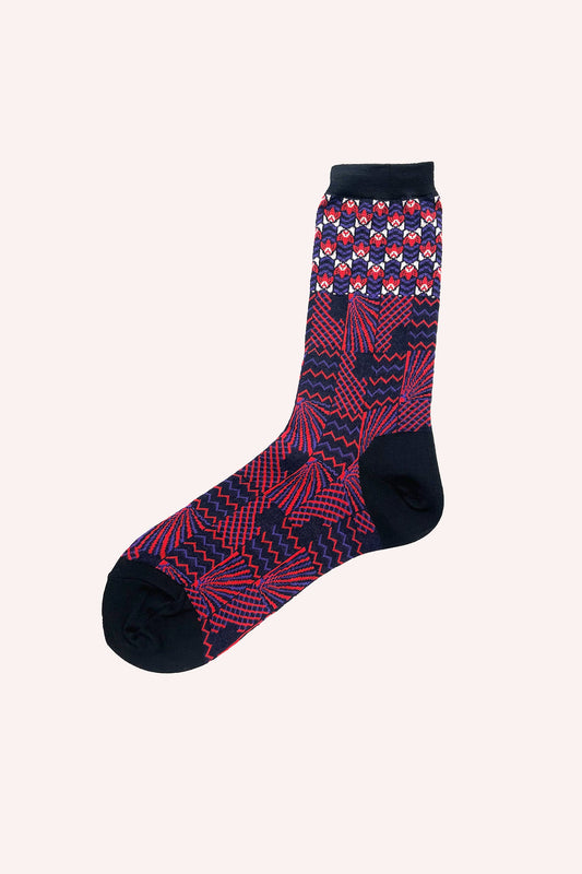 Red Socks, calf length and a black band on top, features a Sunburst and Tulips floral design below
