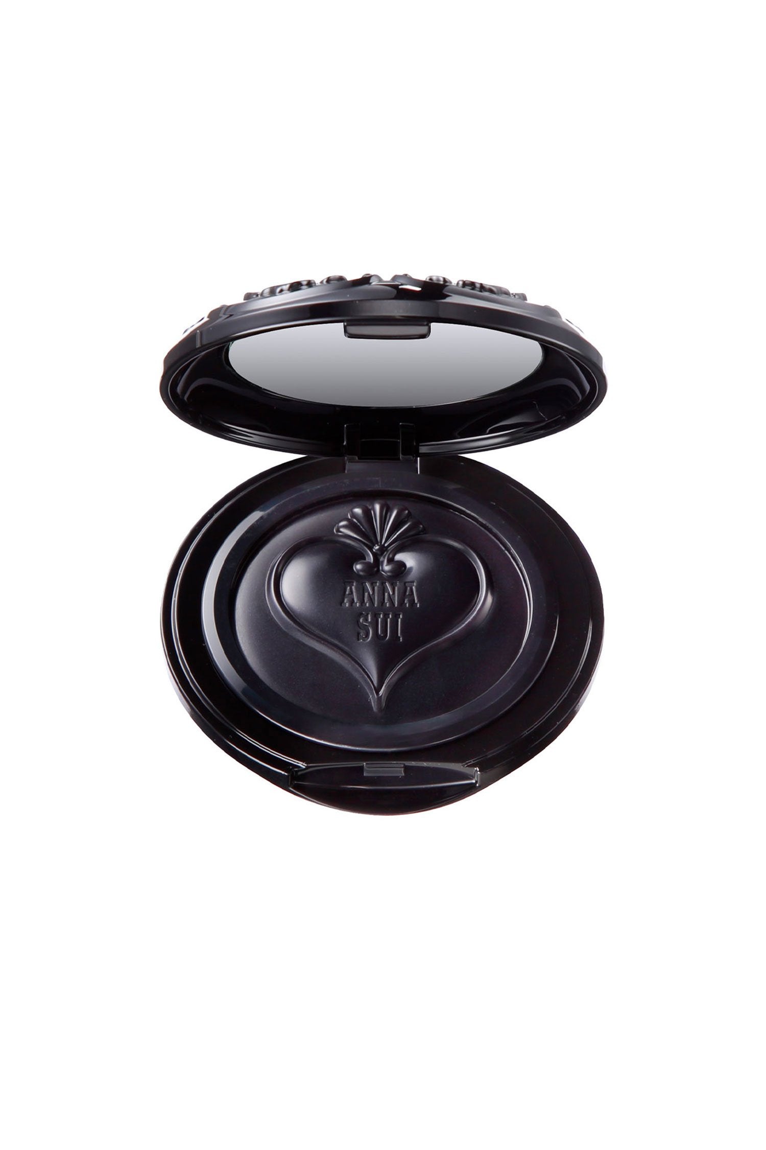 Cream blush in a round black container, mirror in the top lid, heart-shaped lid with Anna Sui label