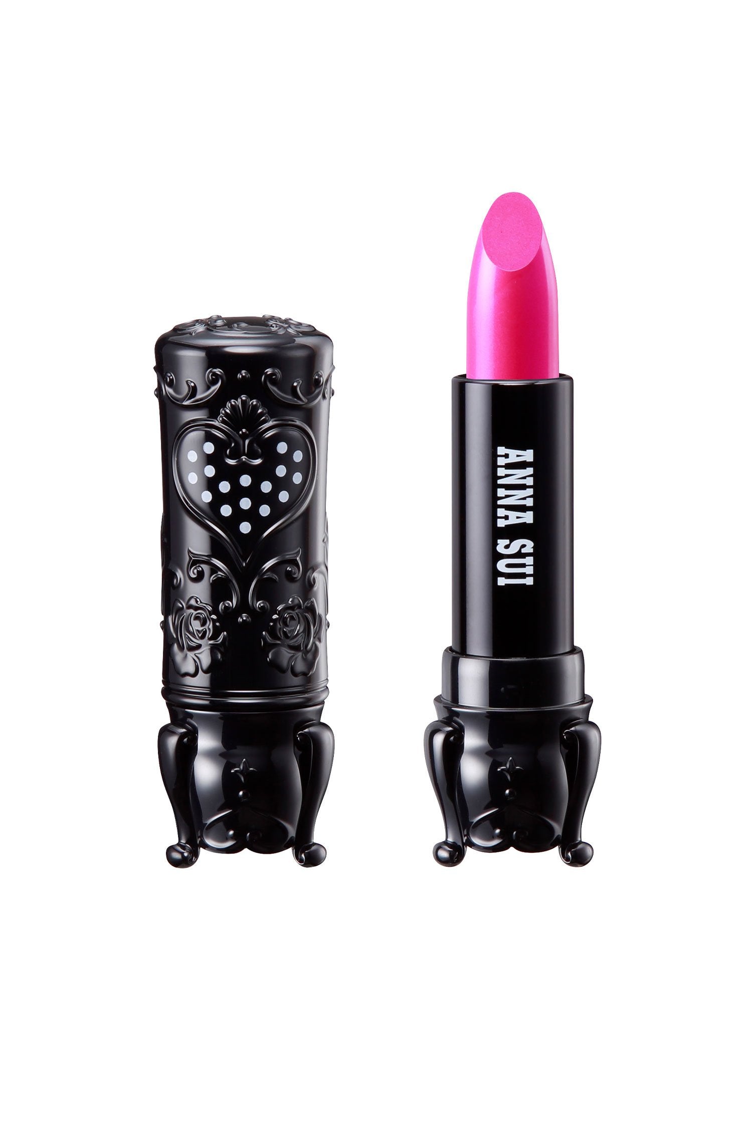 Sui Black - Rouge S 301 Neon Pink in a cylindrical case, with 3 legs, a heart with white dots and floral design on the cap