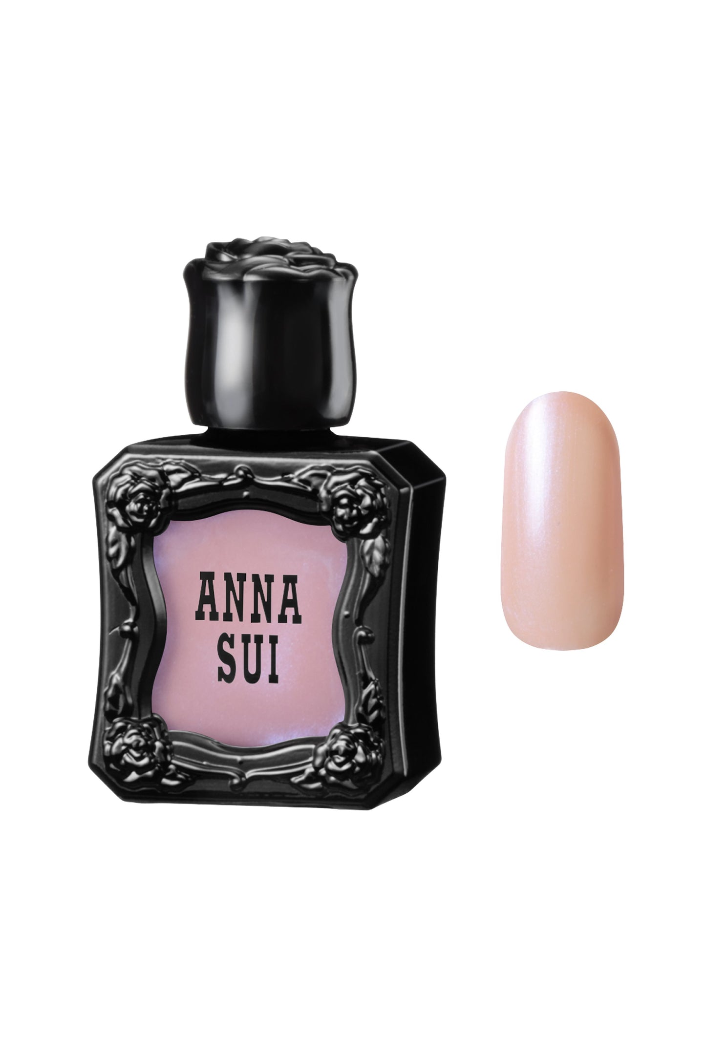 SHELL PINK Nail Polish bottle raised rose pattern, Anna Sui in black over nail colors in bottle front