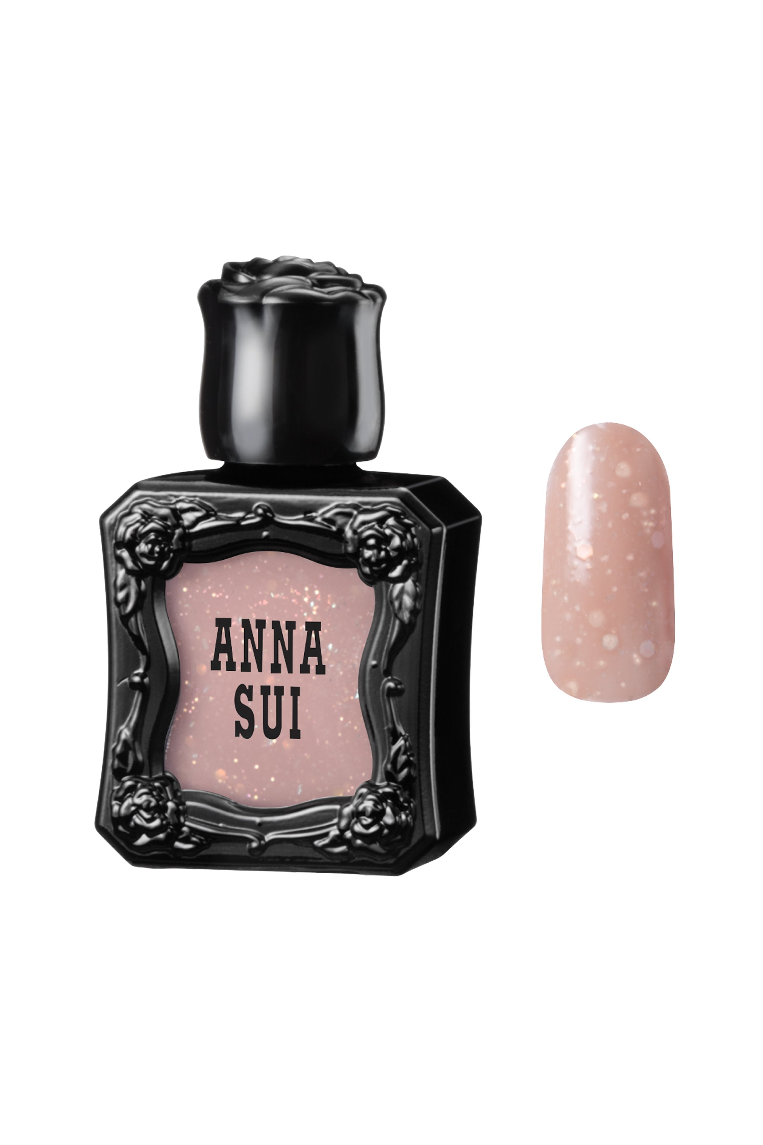 SHINY BEIGE Nail Polish bottles, with raised rose pattern, Anna Sui in black over nail colors in bottle front