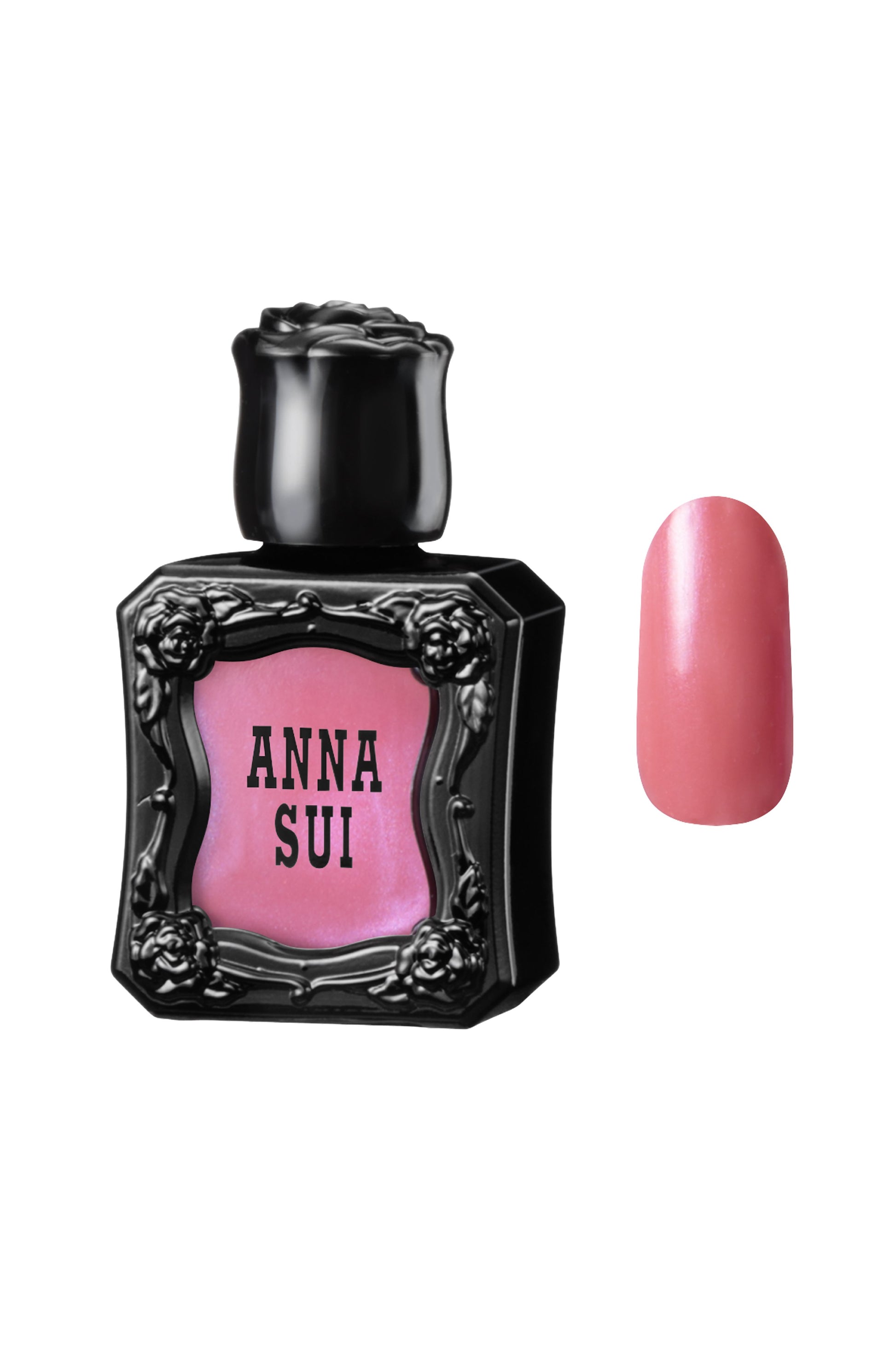 NEON PINK Nail Polish bottle raised rose pattern, Anna Sui in black over nail colors in bottle front