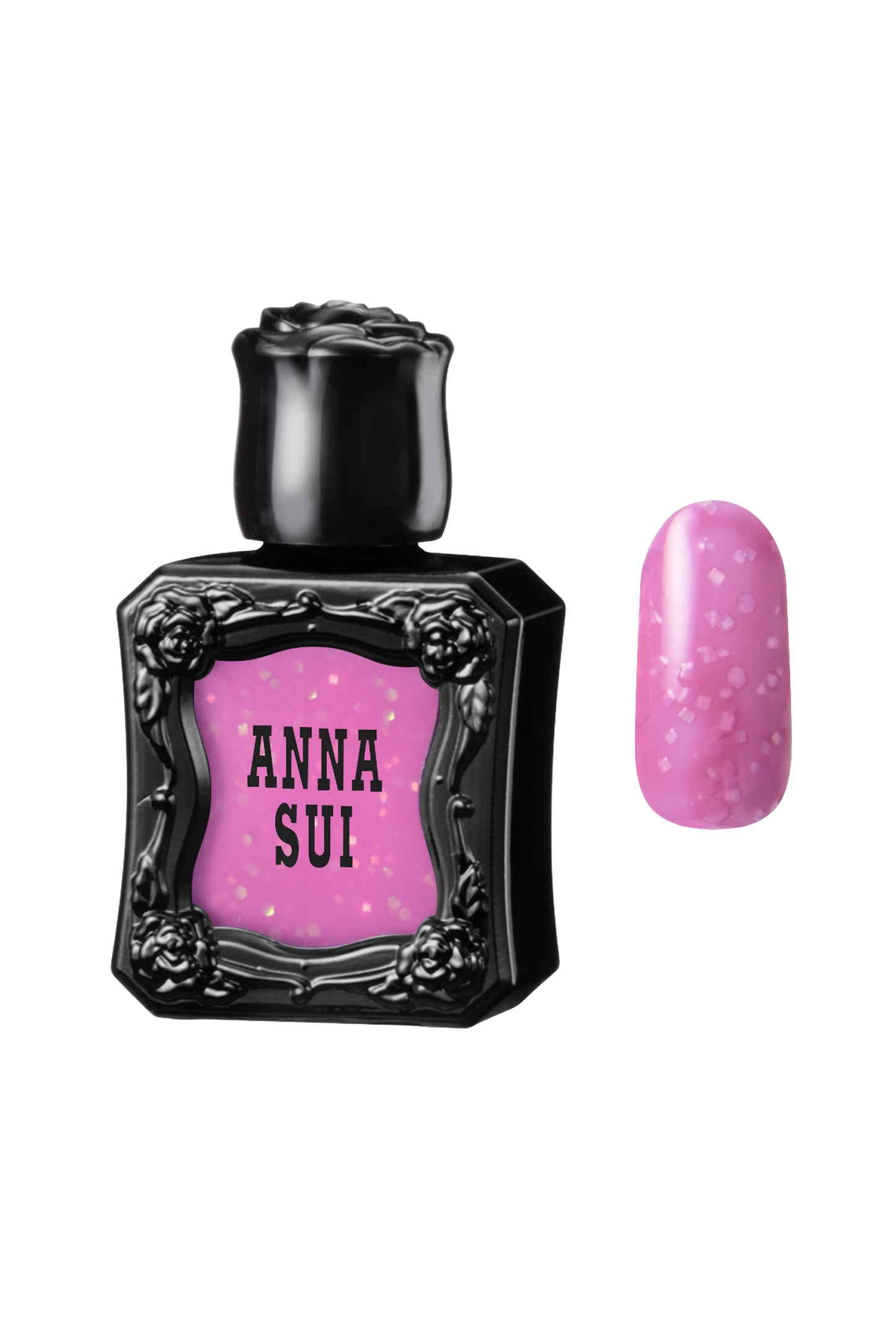 POPPING BERRY Nail Polish bottle raised rose pattern, Anna Sui in black over nail colors in front