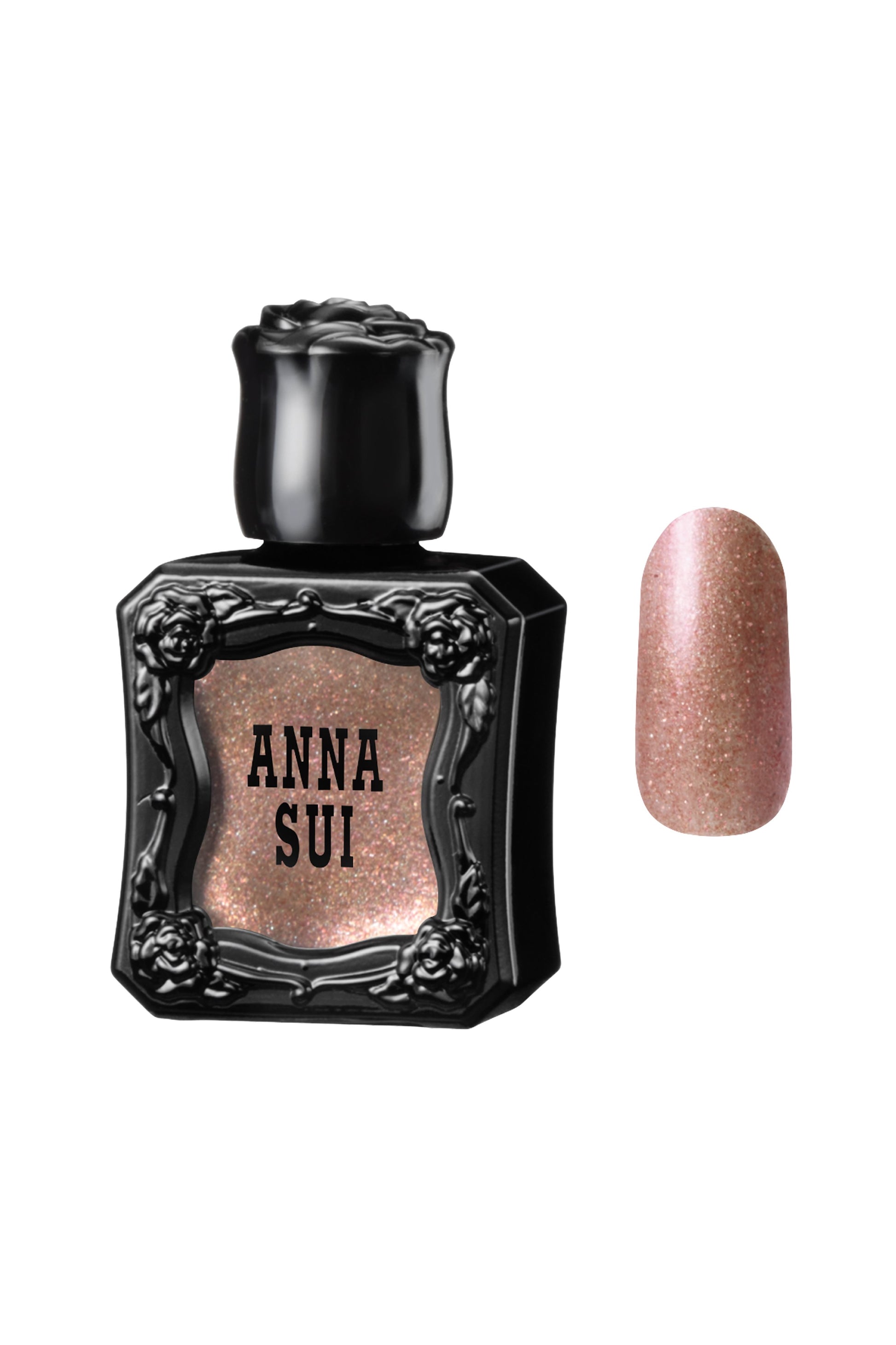 COPPER BROWN Nail Polish bottle raised rose pattern, Anna Sui in black over nail colors in front