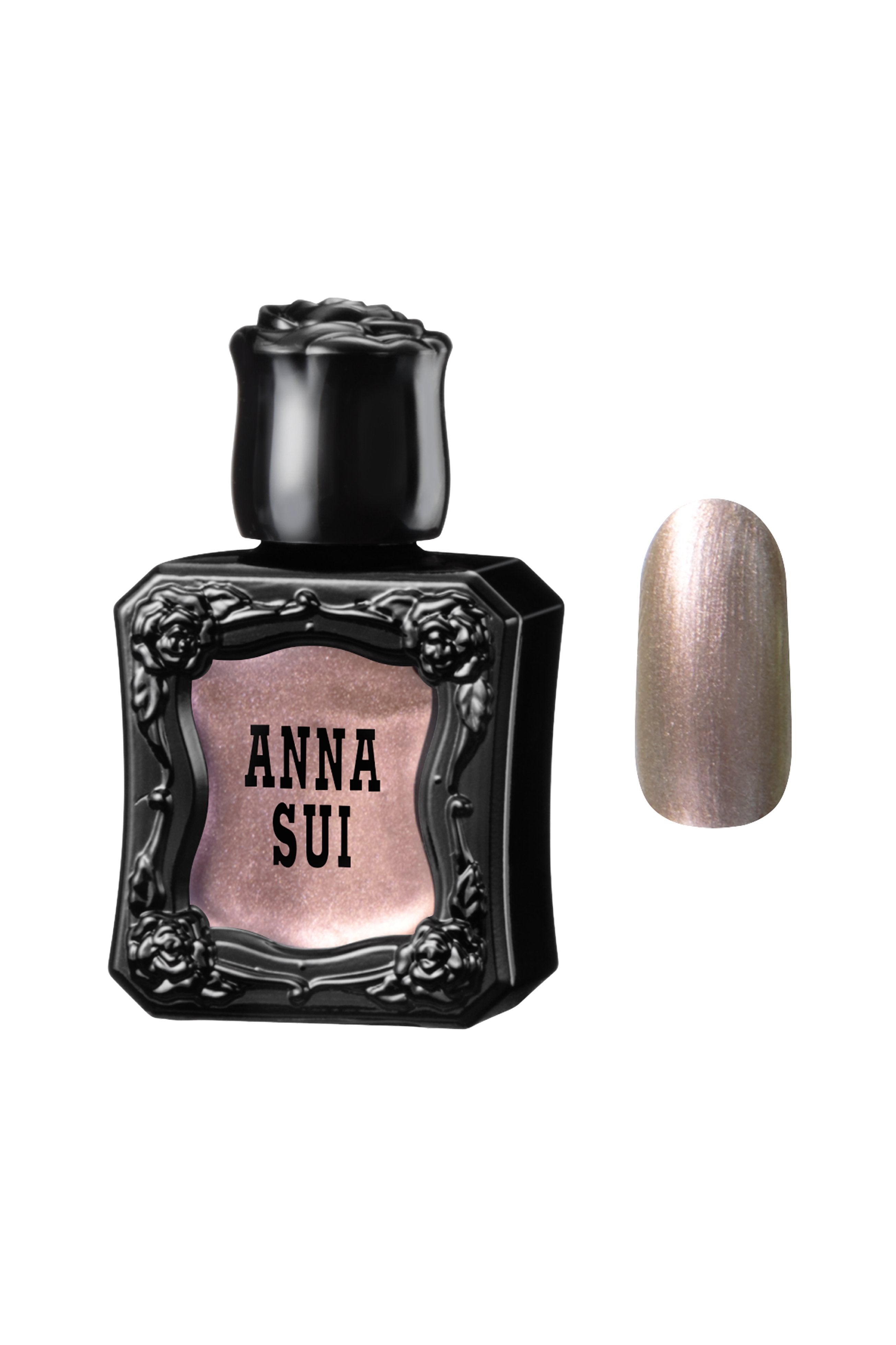 COPPER BROWN Nail Polish bottles, with raised rose pattern, Anna Sui in black over nail colors in bottle front