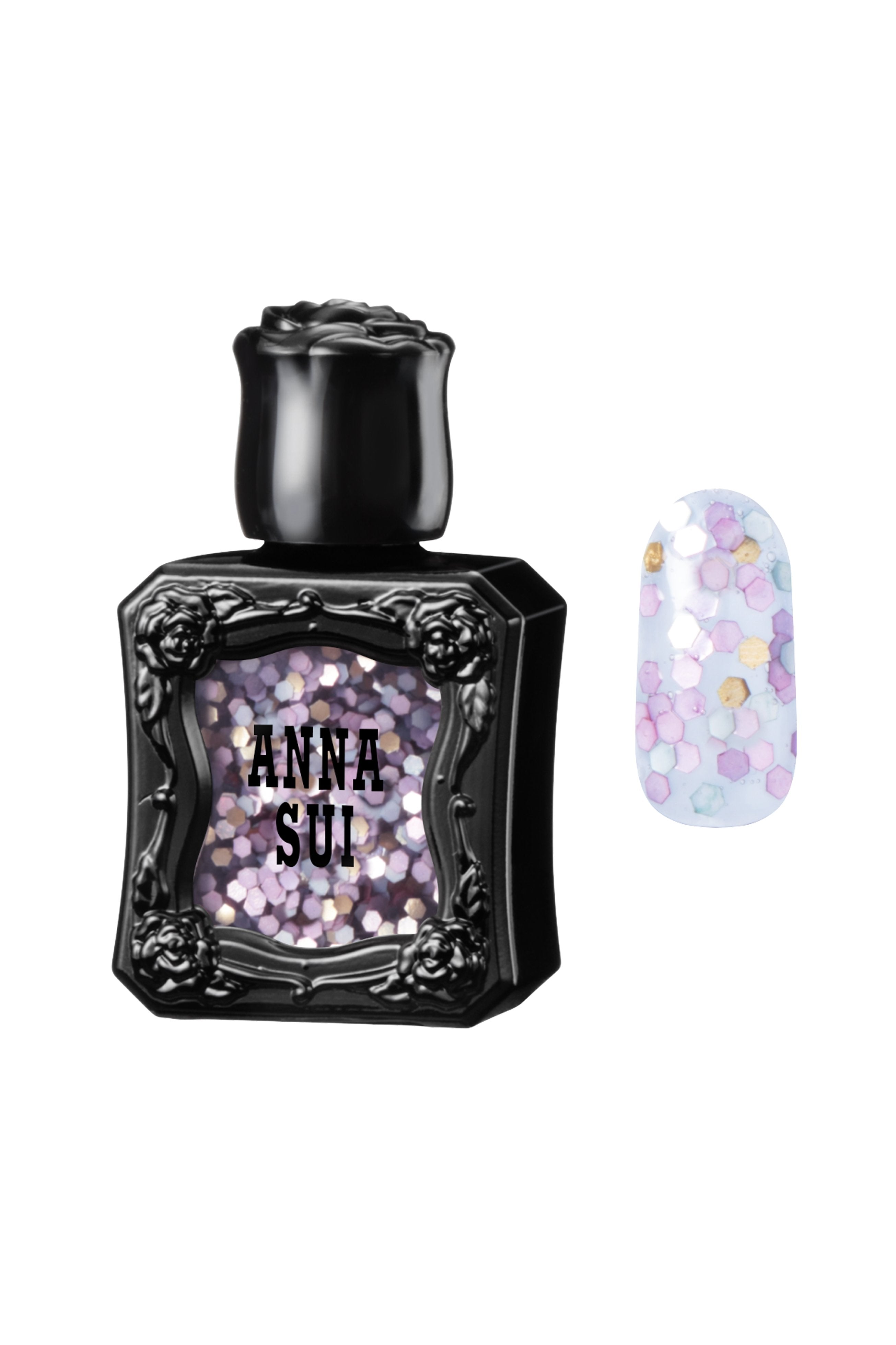 Inspired by the fragrance bottle, black container with raised rose pattern, Anna Sui on Mermaid Purple