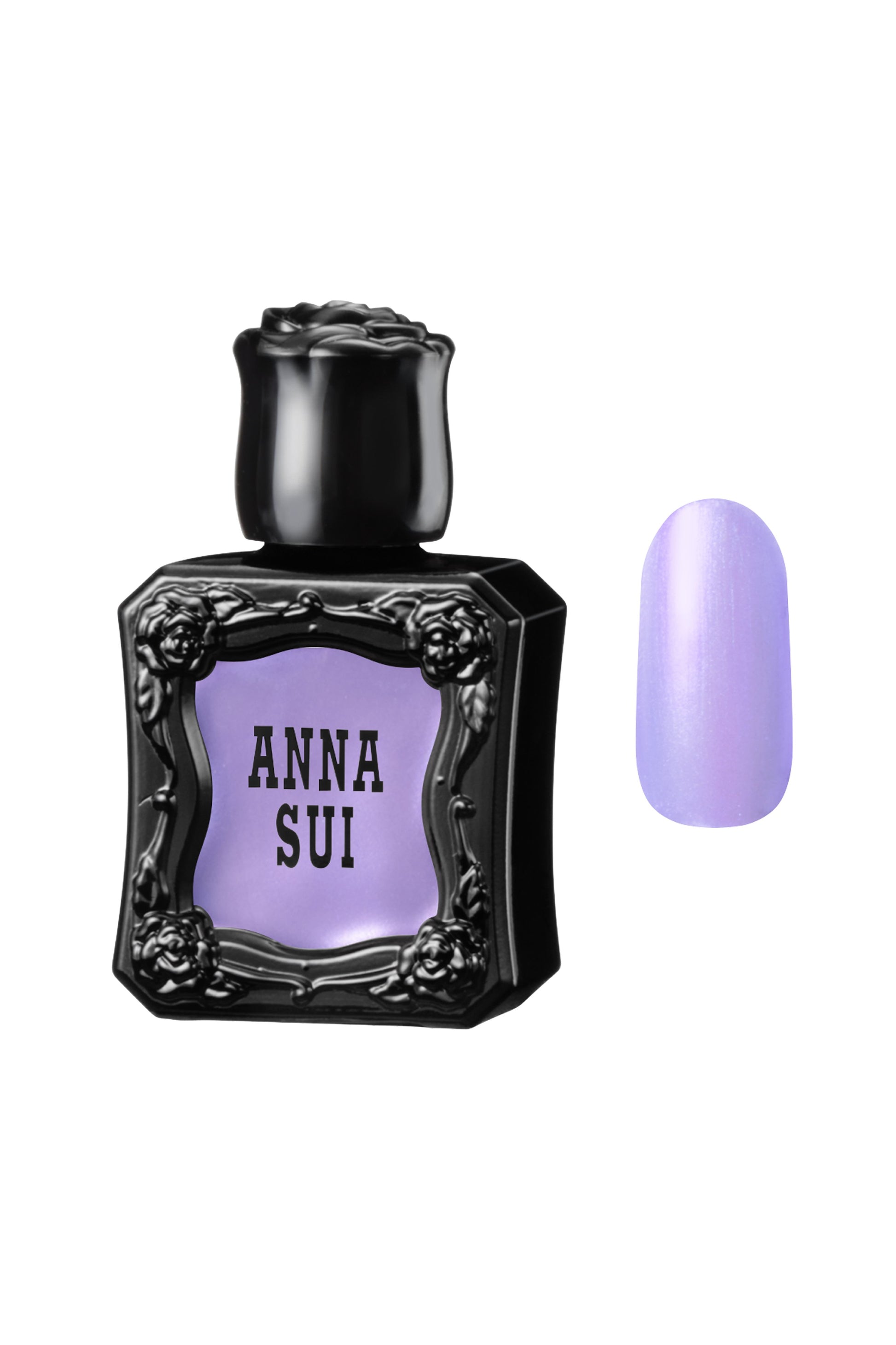 IRIDESCENT PURPLE Nail Polish bottle raised rose pattern, black Anna Sui over nail colors in front