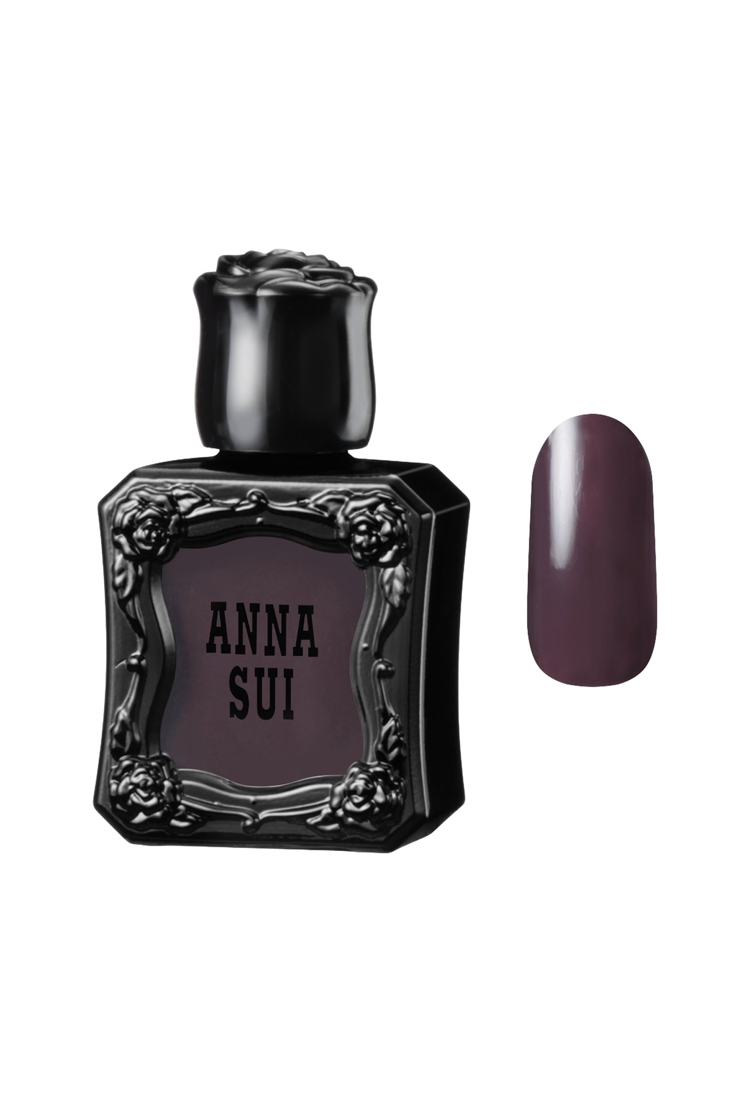 DEEP MELLOW RAISIN Nail Polish bottle raised rose pattern, black Anna Sui over nail colors in front