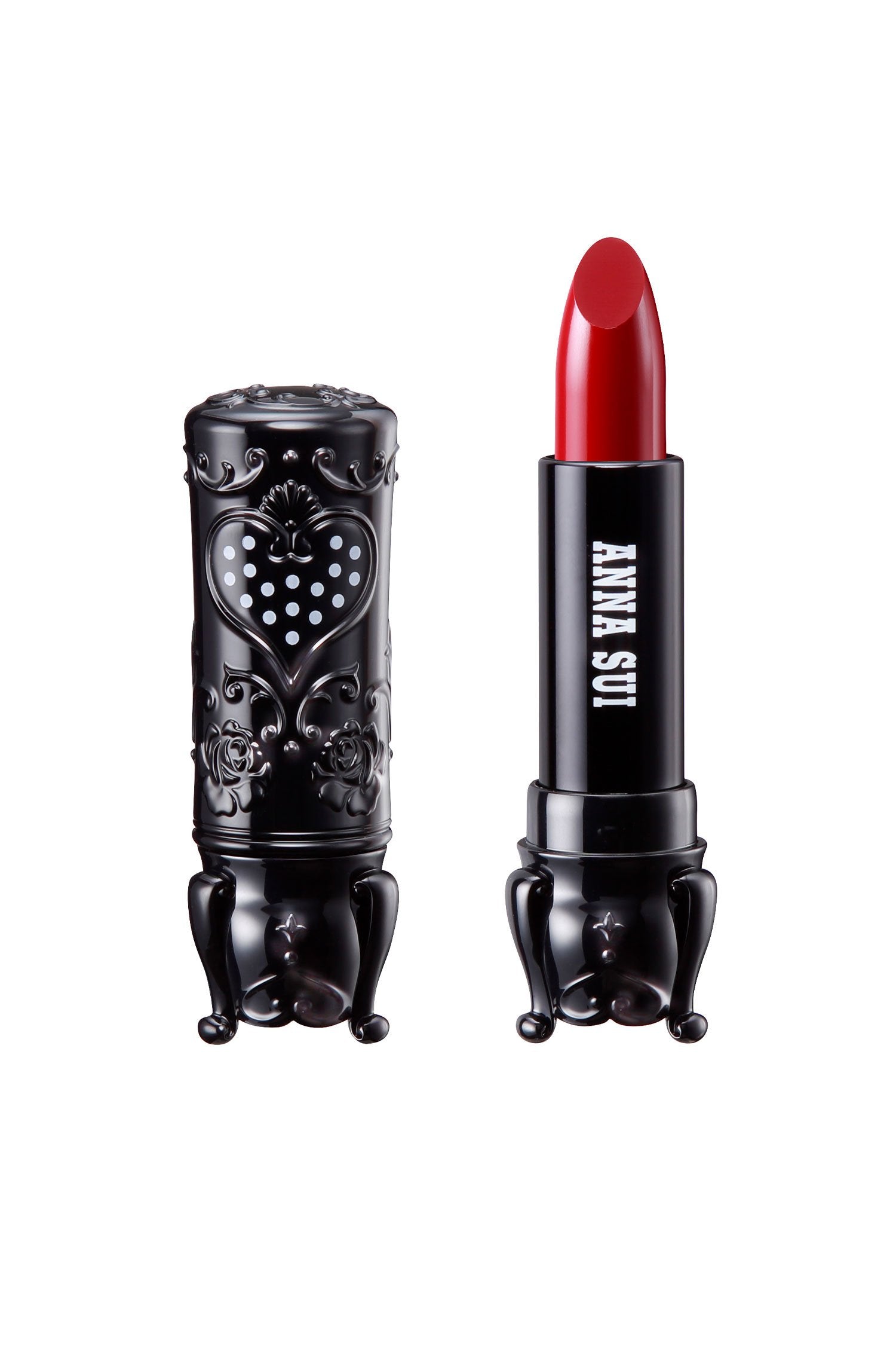 Sui Black - Rouge S 403 Bright Red in a cylindrical case, with 3 legs, a heart with white dots and floral design on the cap