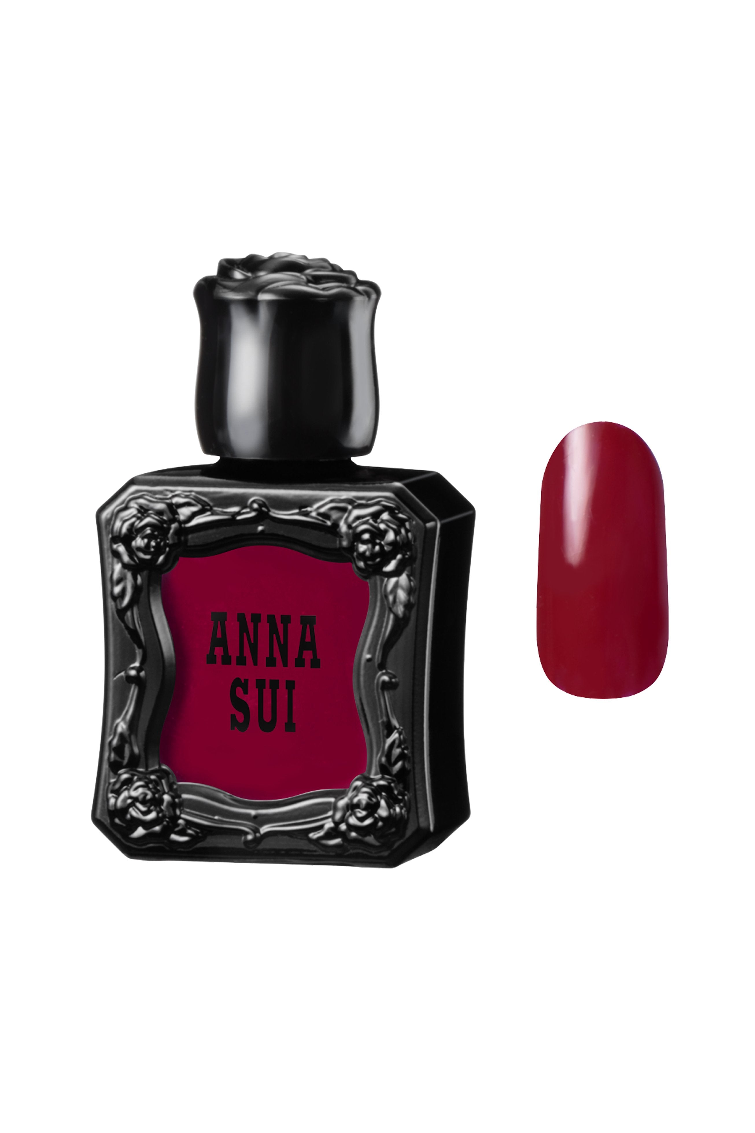ANNA RED Nail Polish bottles, with raised rose pattern, Anna Sui in black over nail colors in bottle front