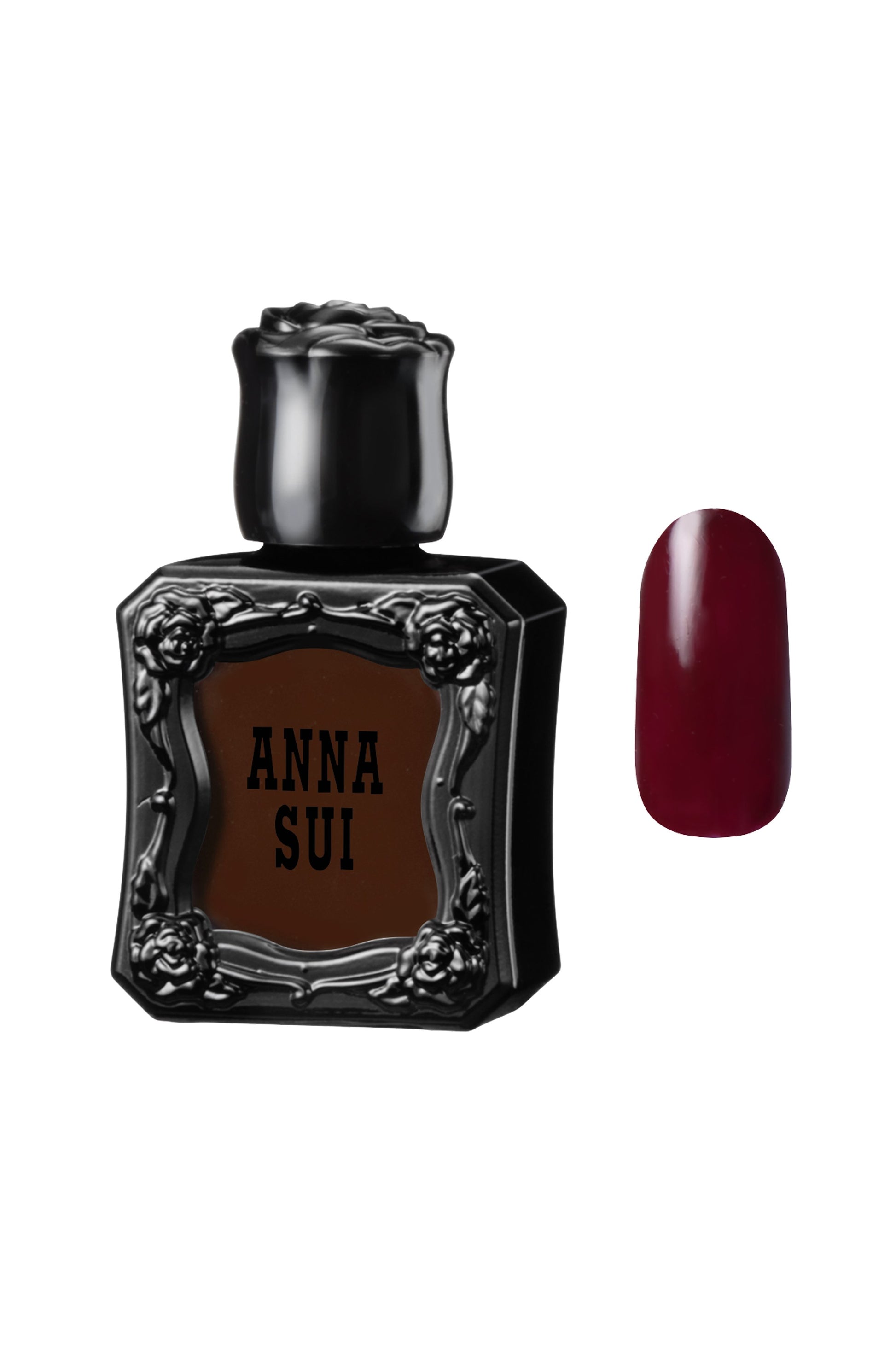 DARK CHERRY Nail Polish bottle raised rose pattern, Anna Sui in black over nail colors in bottle front