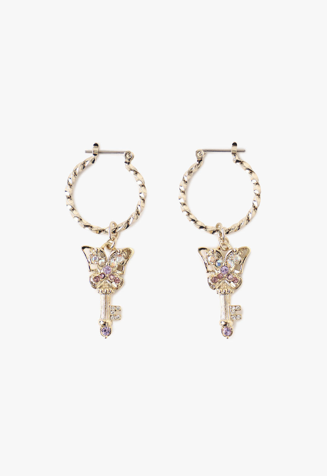 Butterfly-Key Earing Gold, purple adorned with gems, ring is in horseshoe shape 