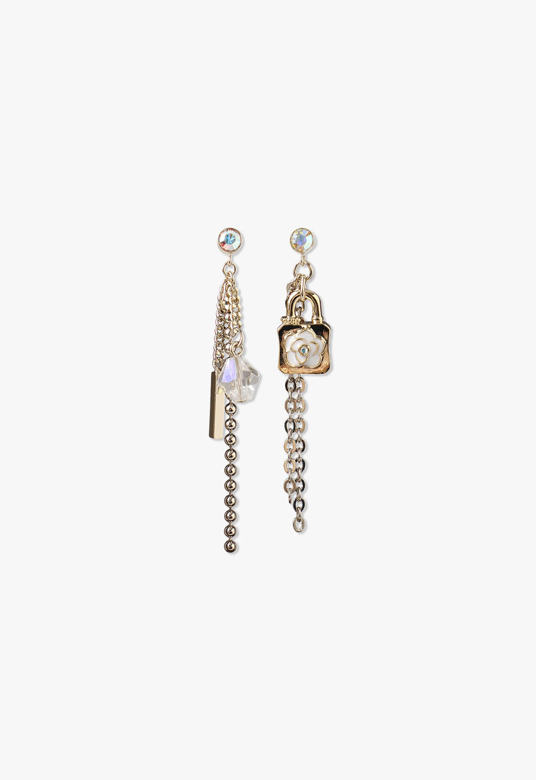 Mismatch Rose Lock Chain Earing Gold, 3-chained with a blue stone