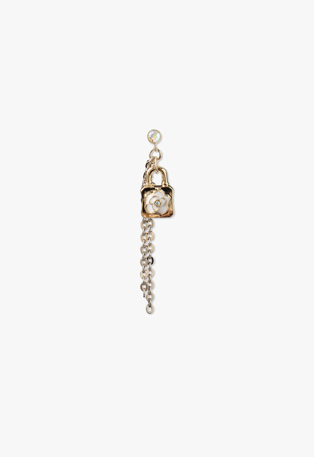 Metal gold plating, large links chain, a lock with a white rose a blue stone at center, studs come with a blue stone
