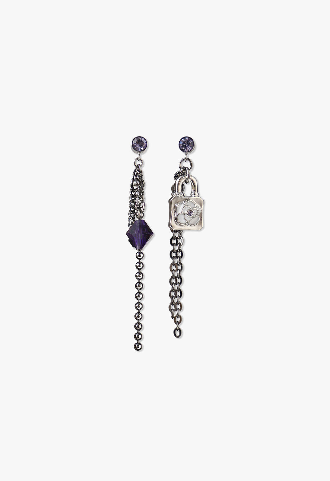 Mismatch Rose Lock Chain Earring Silver, 3-chained with a dark blue stone