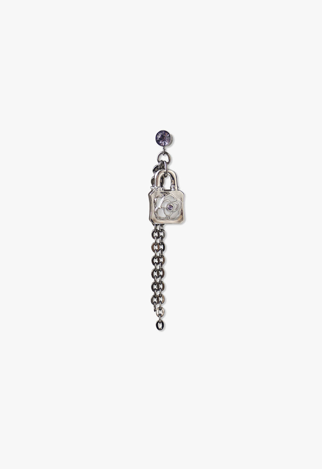 Metal silver plating, large links chain, a lock with a white rose a blue stone at center, studs come with a purple stone