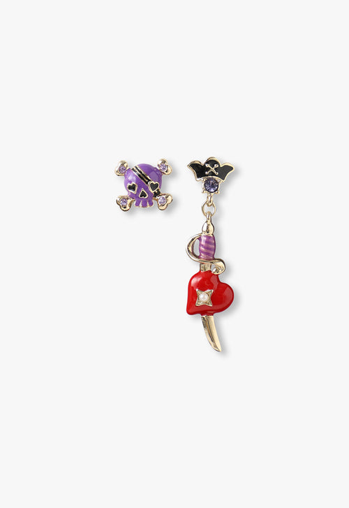 Skull Heart Earing Red, mismatch earing, one purple pirate skull with gemstone like, other is a saber with a red heart and a pearl