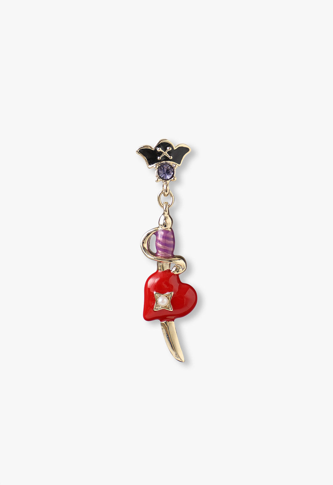 Skull Heart Earing Red, the other earing is a pirate saber with purple grip, with hat on top, red heart with a pearl star