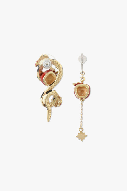 Snake and Apple Mismatched earrings GOLD, red apple are hollow in the back and flat 