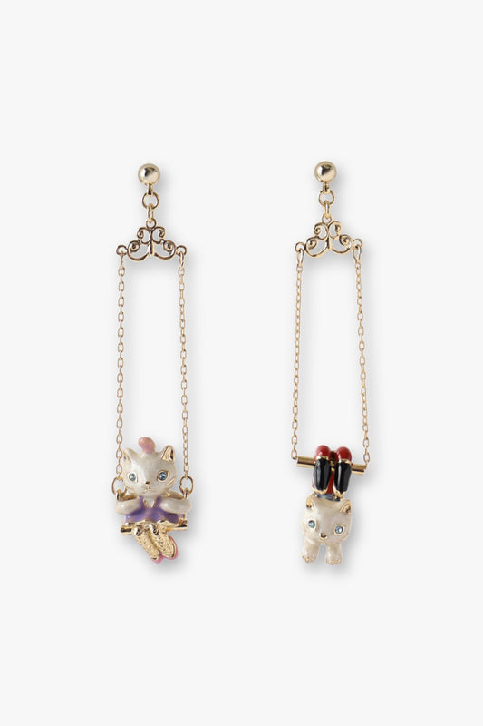 Mismatch Circus Earrings, cat sits on the trapeze for, the other he is hanging down legs on trapeze