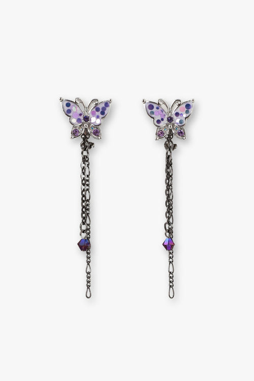 Purple Butterfly Glitter Earrings Gunmetal, purple and pink wings, silver borders, silver chain, pinkish stone at ends