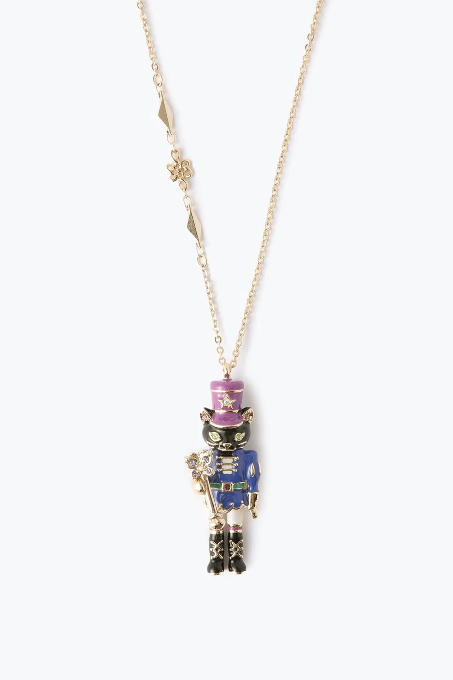 Cat Solider long pendant dressed as nutcracker on golden chain with butterfly adorn