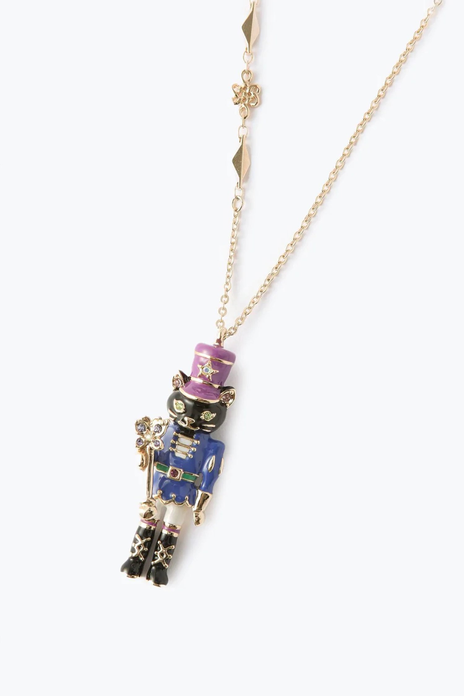Black Cat Solider Necklace, dressed as nutcracker on golden chain with butterfly adorn Metal gold 