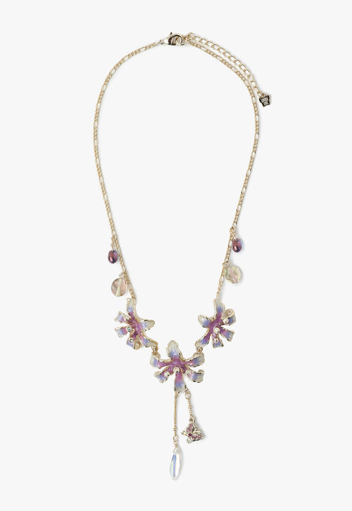 Floral Necklace Purple, 3 large flowers, from middle a butterfly down on a chain, and other chain with a blueish glass stone 