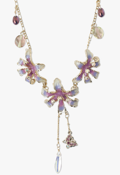 Floral Necklace Purple, large flowers are with 6 petals and glass balls, the butterfly as purple wings