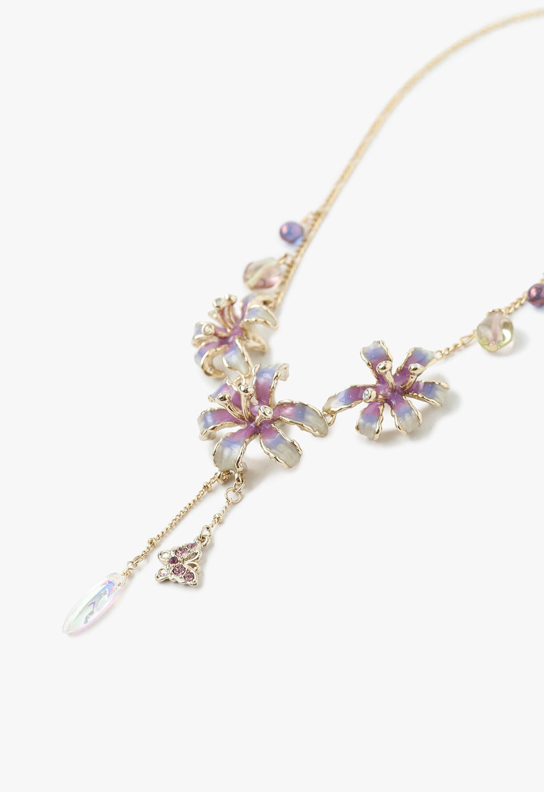 Floral Necklace Purple, also, 2 blue beads and 2 transparent, above the flowers, on a golden chain 
