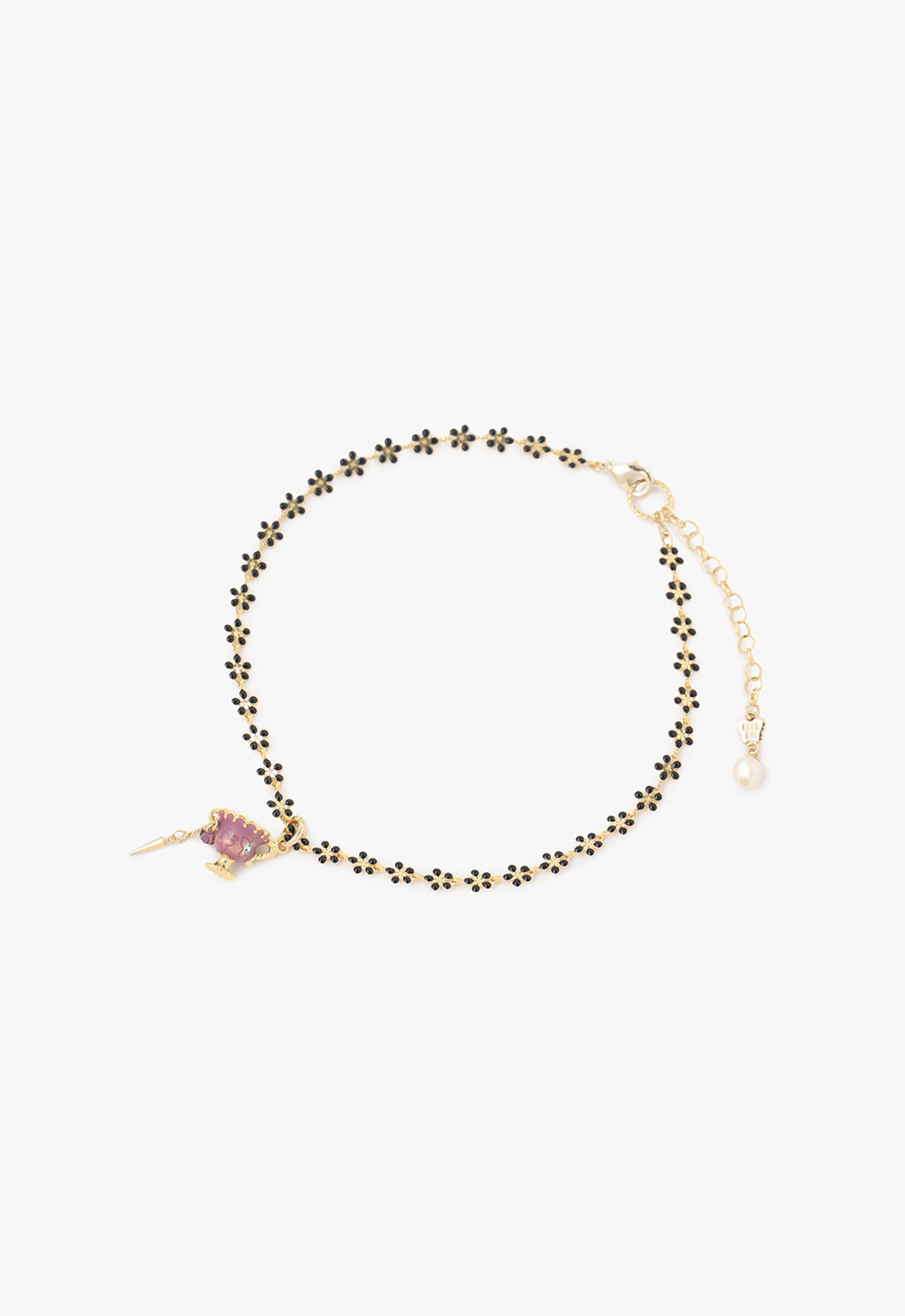 Choker Necklace, with a pink teacup charm gold accent, links designed like black 5 petals flowers