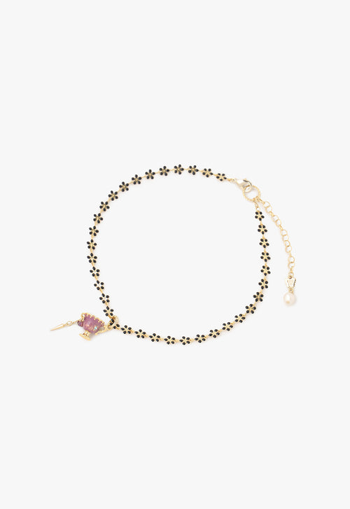 Floral Teacup Choker Necklace Black, with a pink teacup charm with gold accents, links designed like black 5 petals flowers