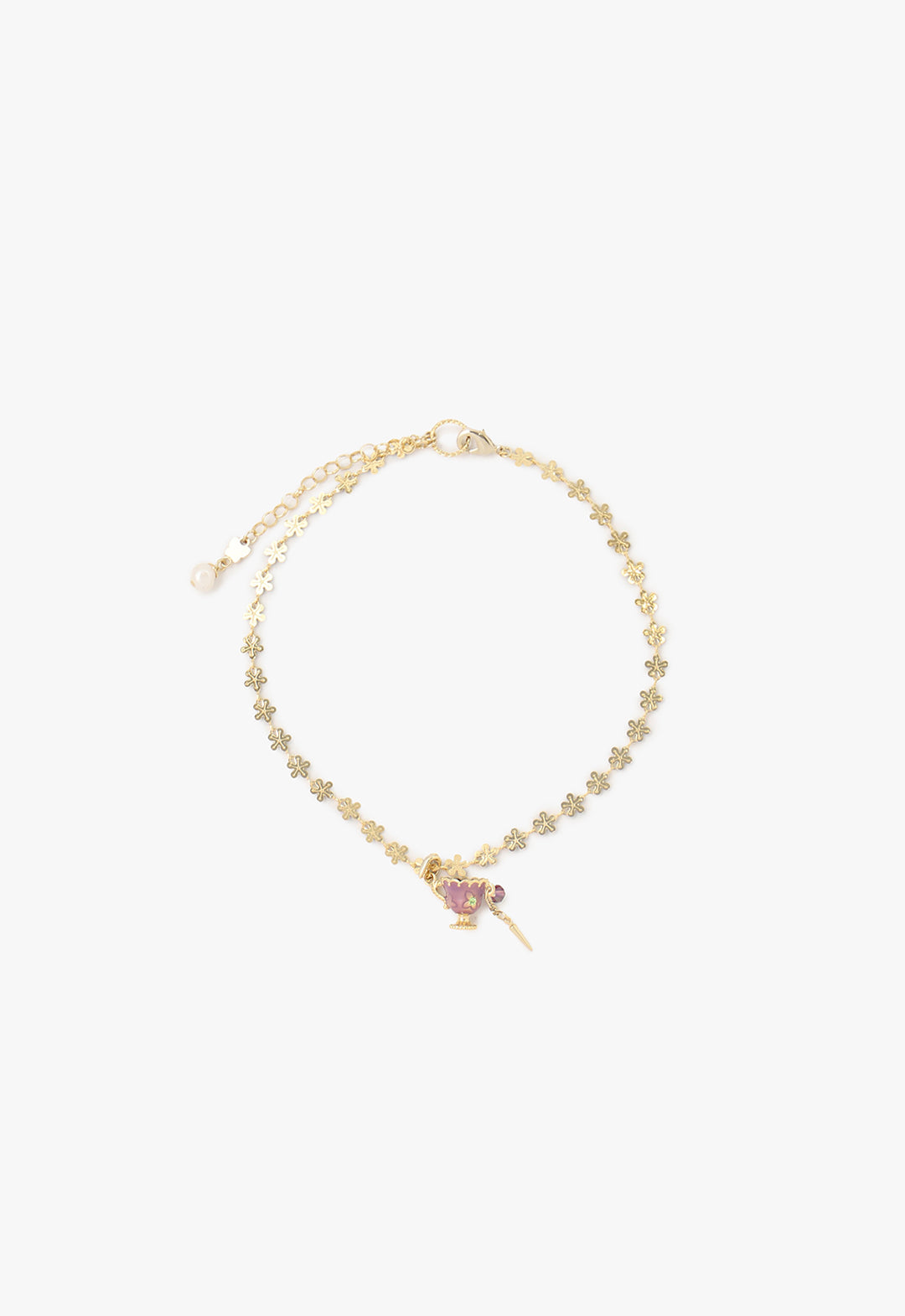 Metal gold color plating chain is with a lobster claw clasp lock, pink Teacup with gold accents